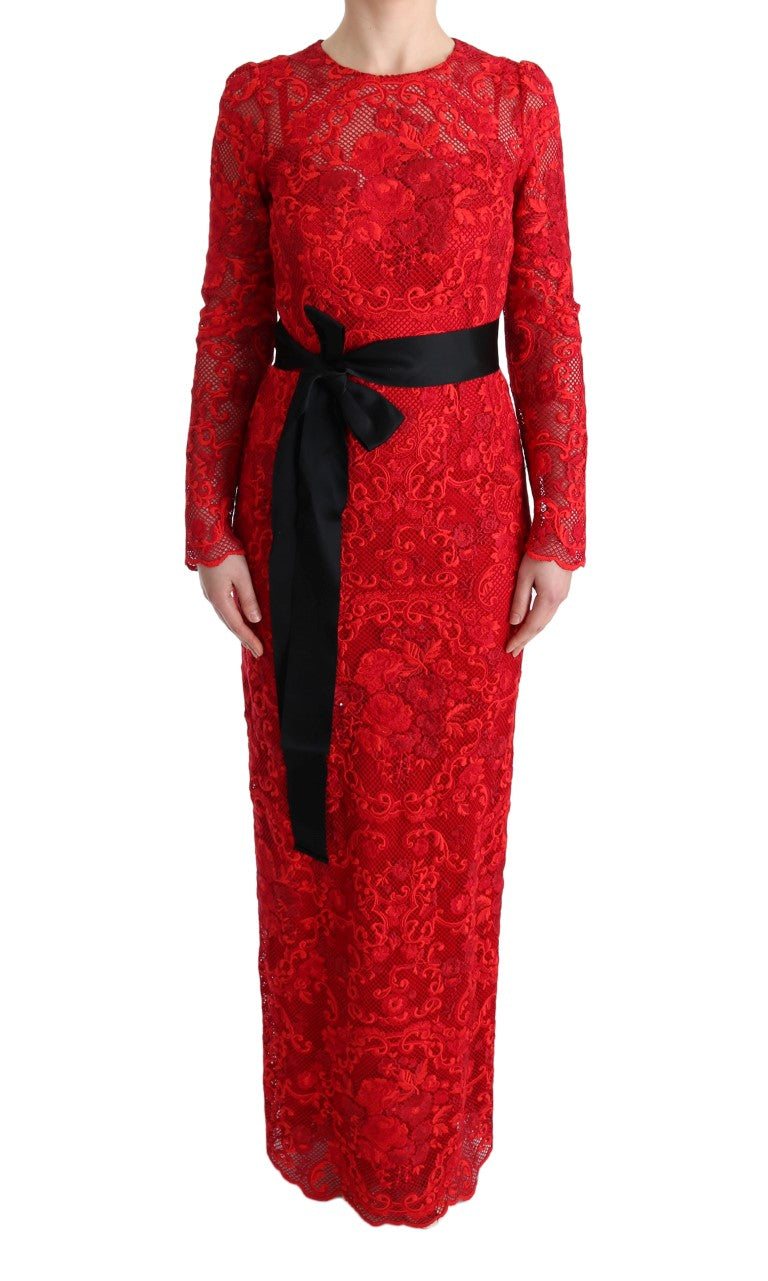 Elegant Red Sheath Dress with Silk Bow Belt - ventzia