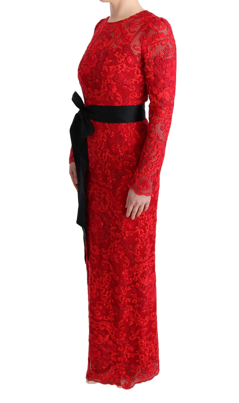 Elegant Red Sheath Dress with Silk Bow Belt - ventzia