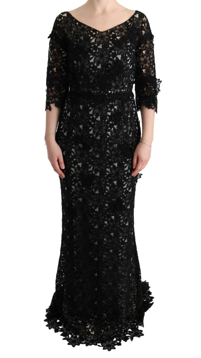 Elegant Black Maxi Shift Dress with Floral Applique - ventzia