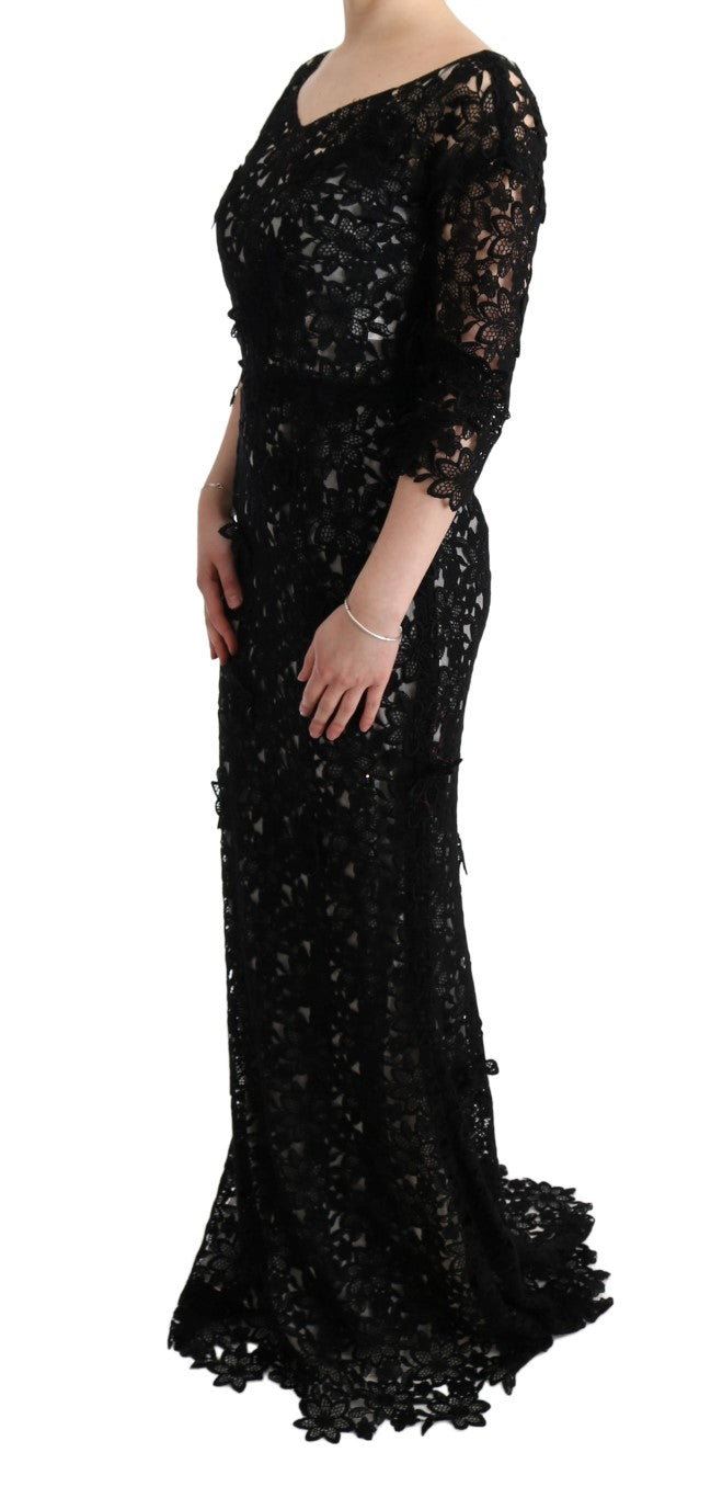 Elegant Black Maxi Shift Dress with Floral Applique - ventzia