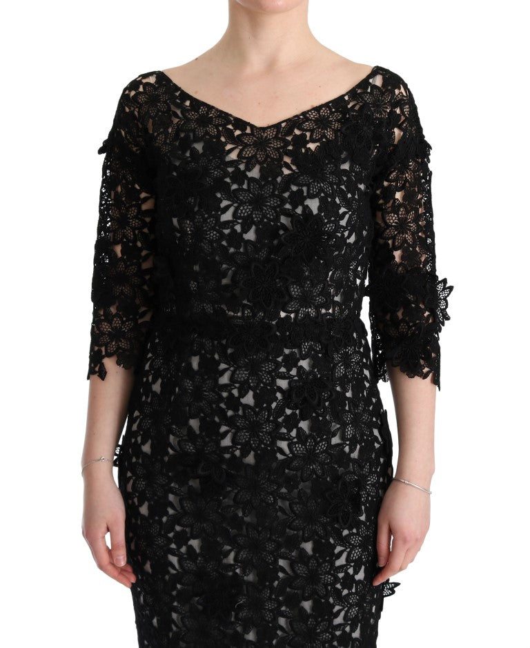 Elegant Black Maxi Shift Dress with Floral Applique - ventzia