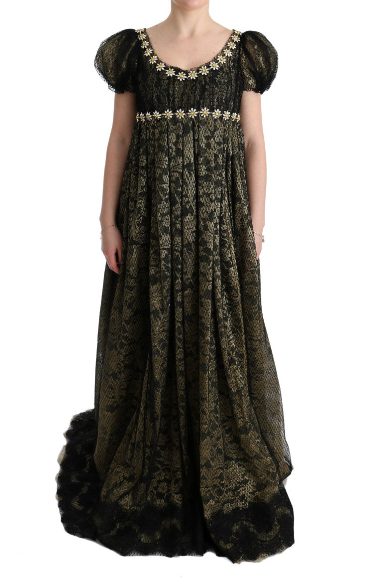 Sunflower Lace Crystal Maxi Shift Dress - ventzia