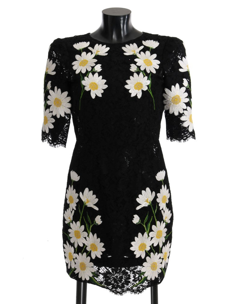 Black Floral Lace Chamomile Embroidered Dress - ventzia