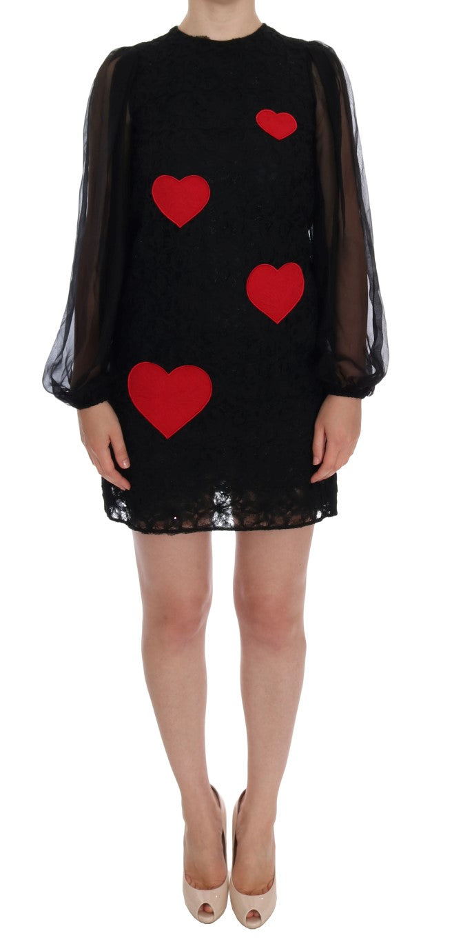 Elegant Black Lace Heart Applique Shift Dress - ventzia