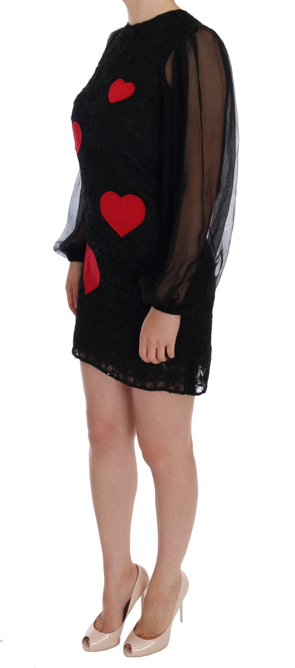 Elegant Black Lace Heart Applique Shift Dress - ventzia