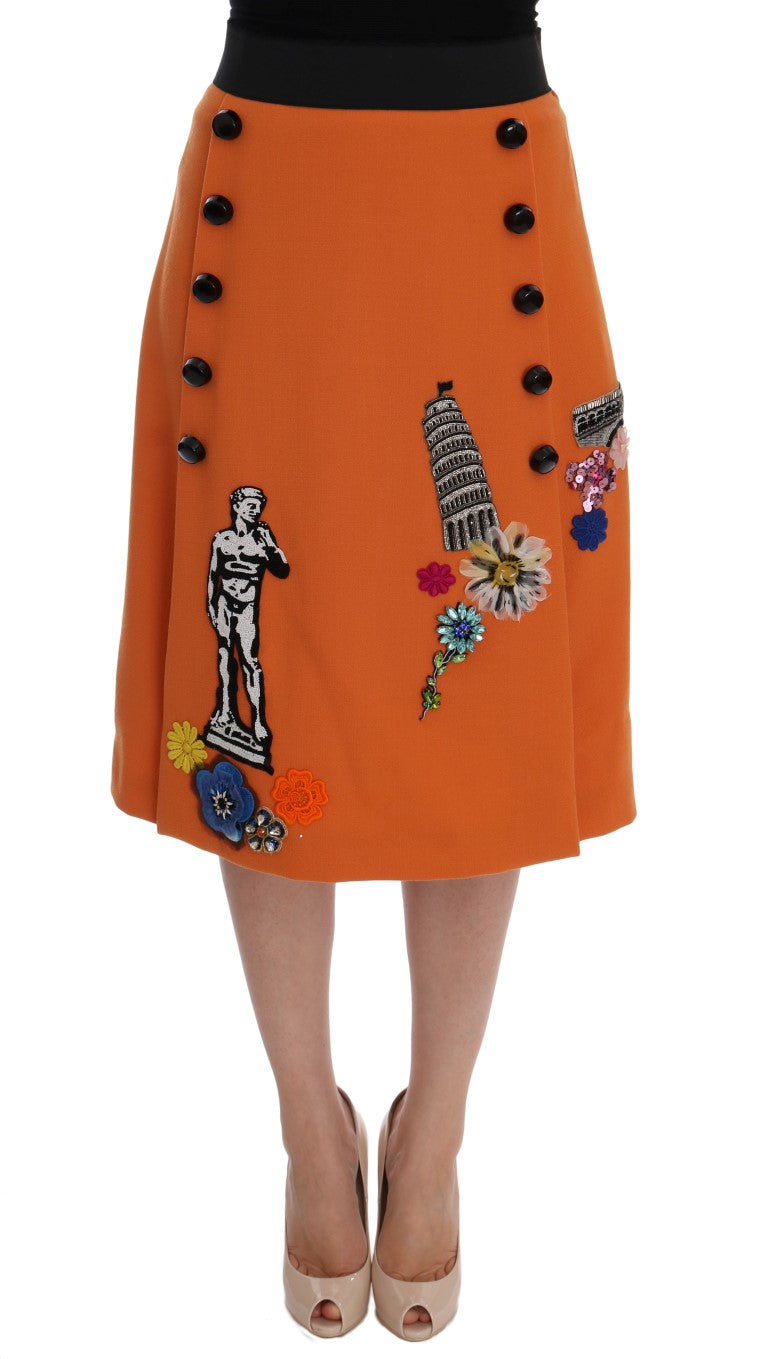 Embellished Wool Skirt in Vivid Orange - ventzia