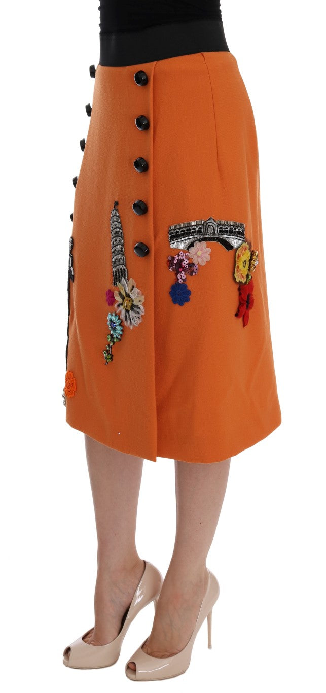 Embellished Wool Skirt in Vivid Orange - ventzia