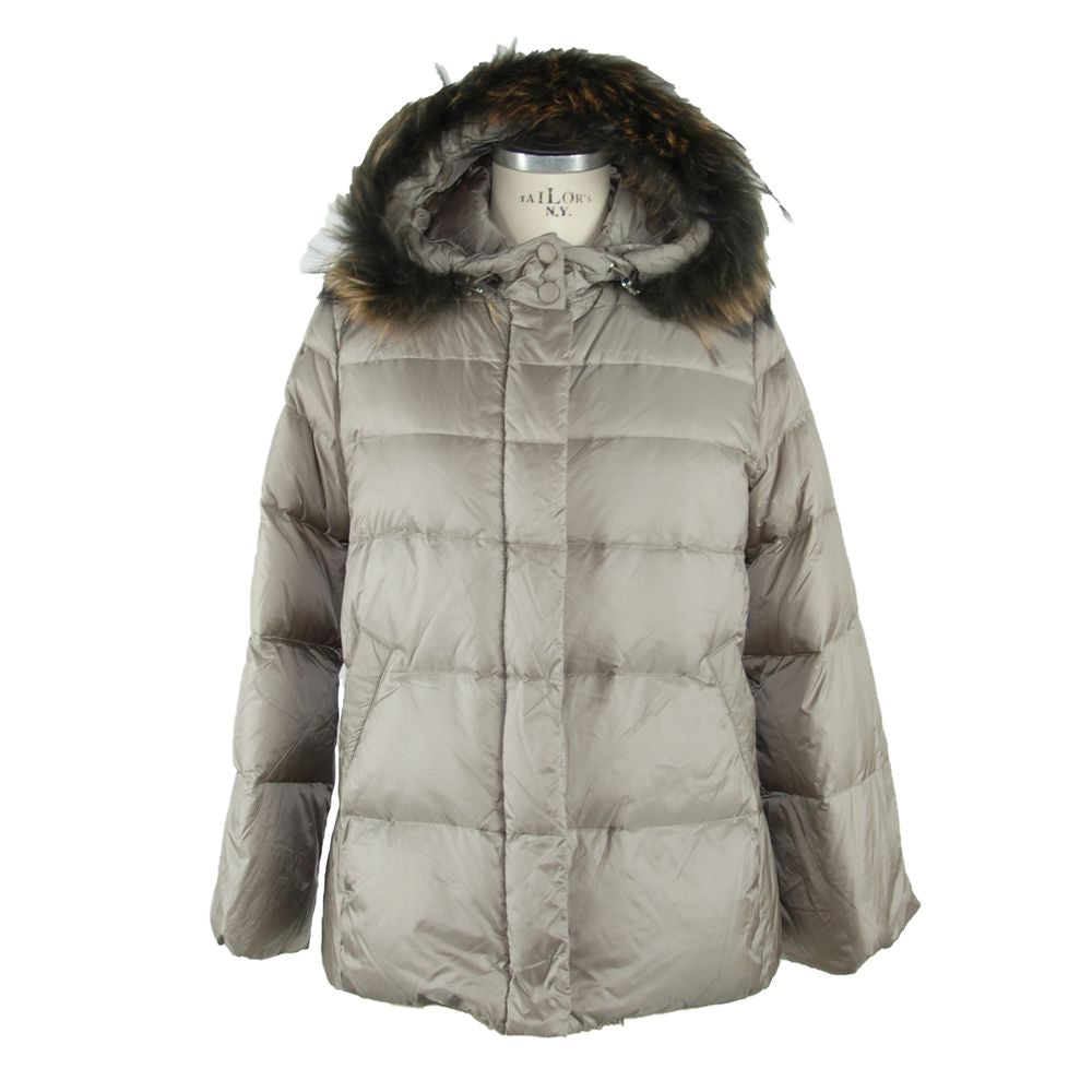 Elegant Gray Polyamide Fur-Trimmed Coat - ventzia