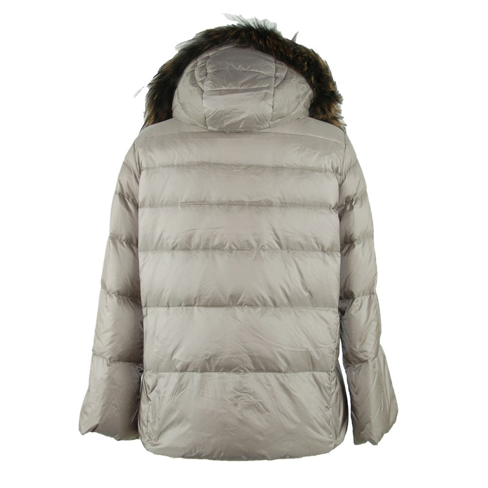 Elegant Gray Polyamide Fur-Trimmed Coat - ventzia