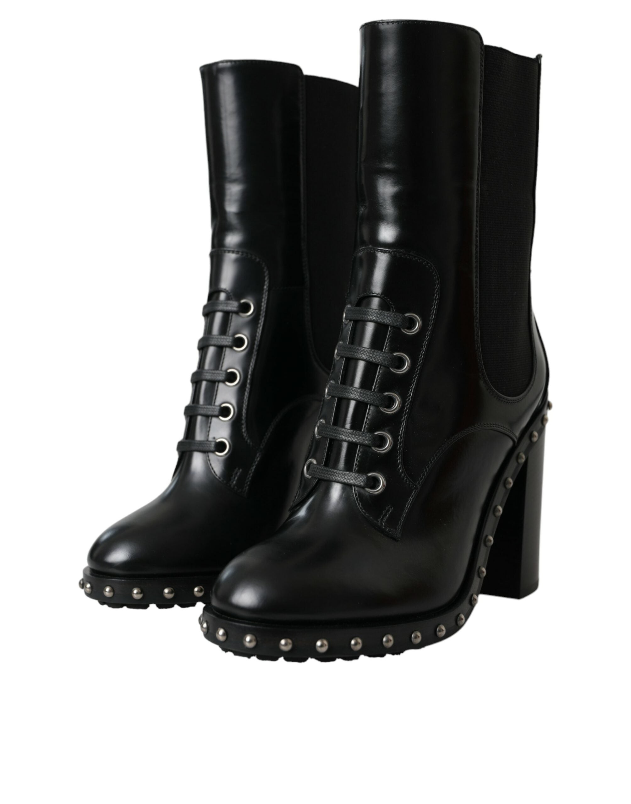 Black Leather Studded Lace Up Boots Shoes - ventzia