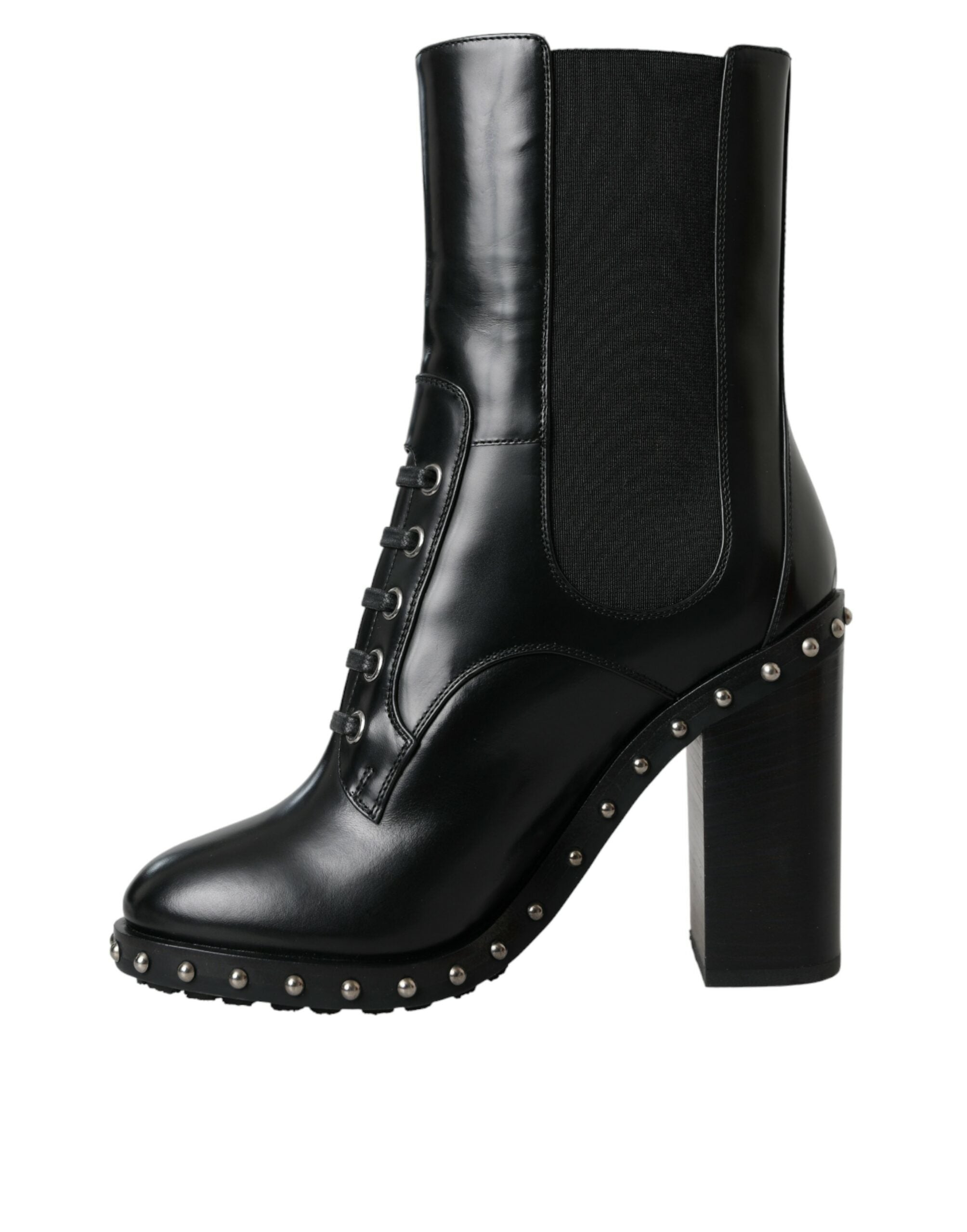 Black Leather Studded Lace Up Boots Shoes - ventzia