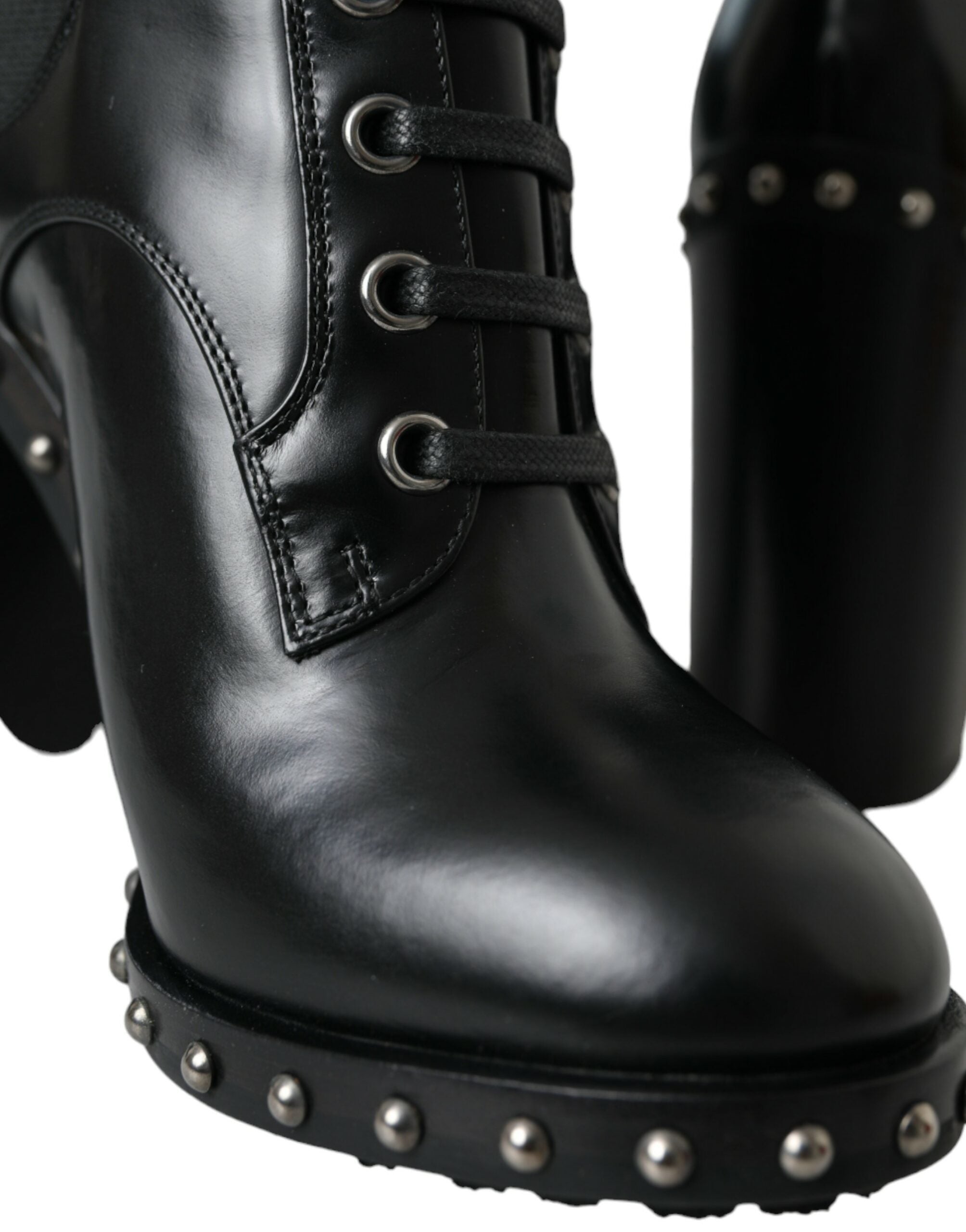 Black Leather Studded Lace Up Boots Shoes - ventzia