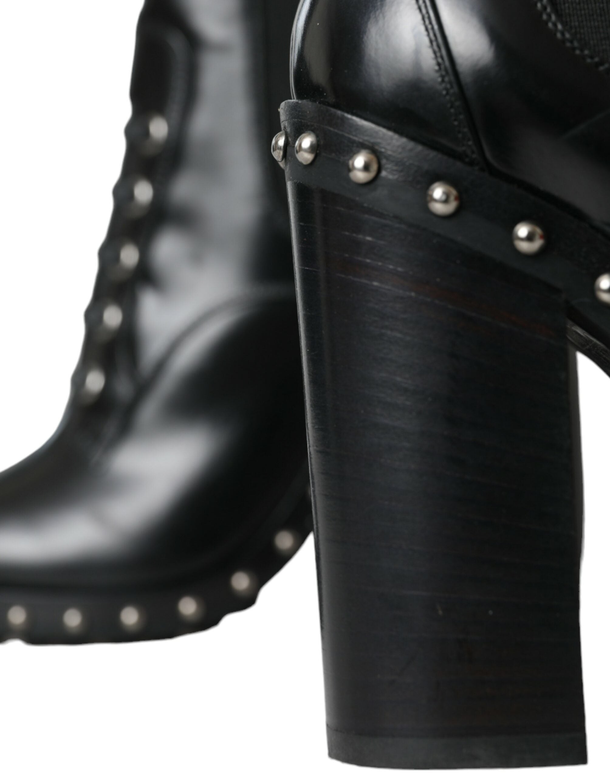 Black Leather Studded Lace Up Boots Shoes - ventzia