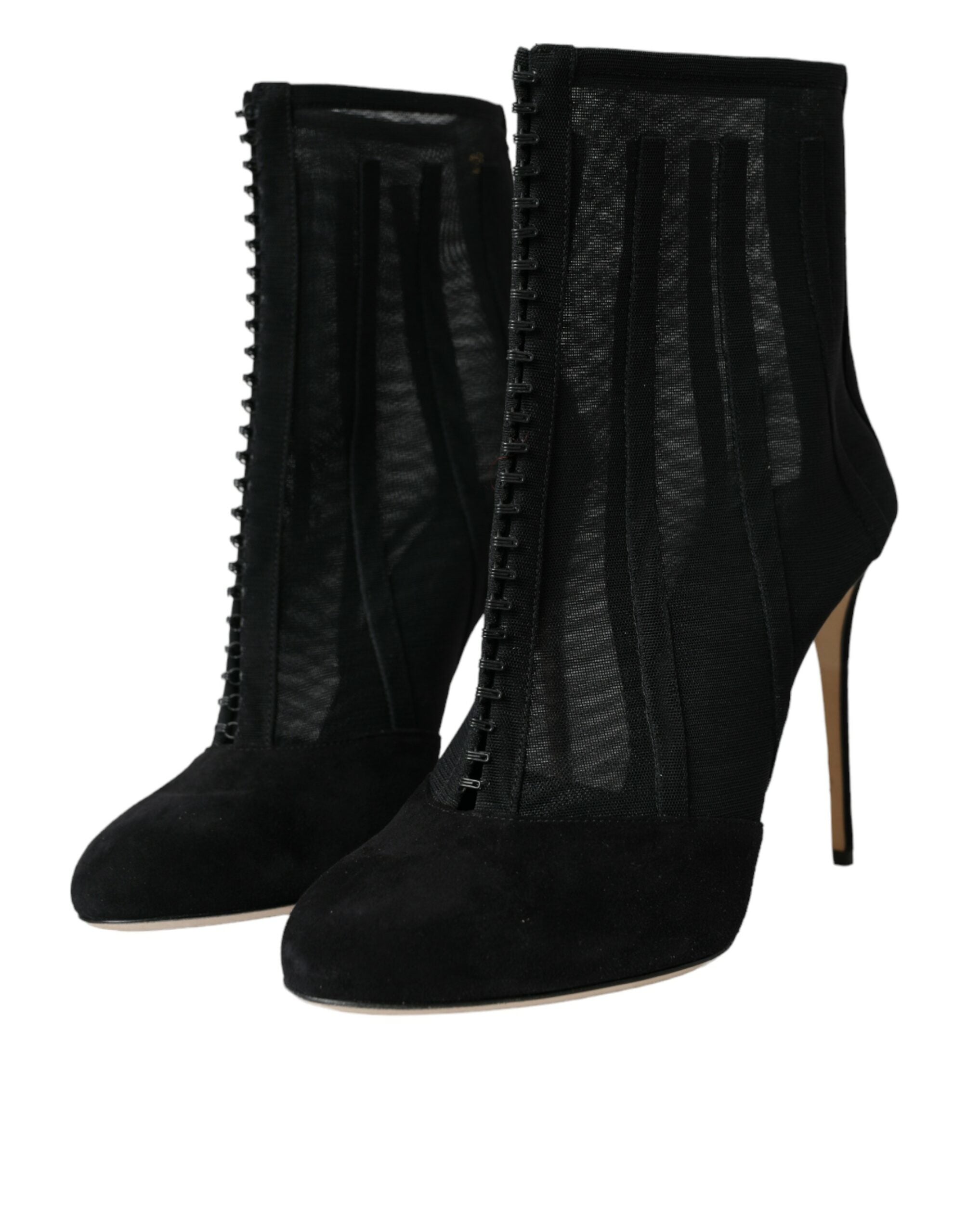 Black Mesh Stiletto Heels Ankle Boots Shoes - ventzia