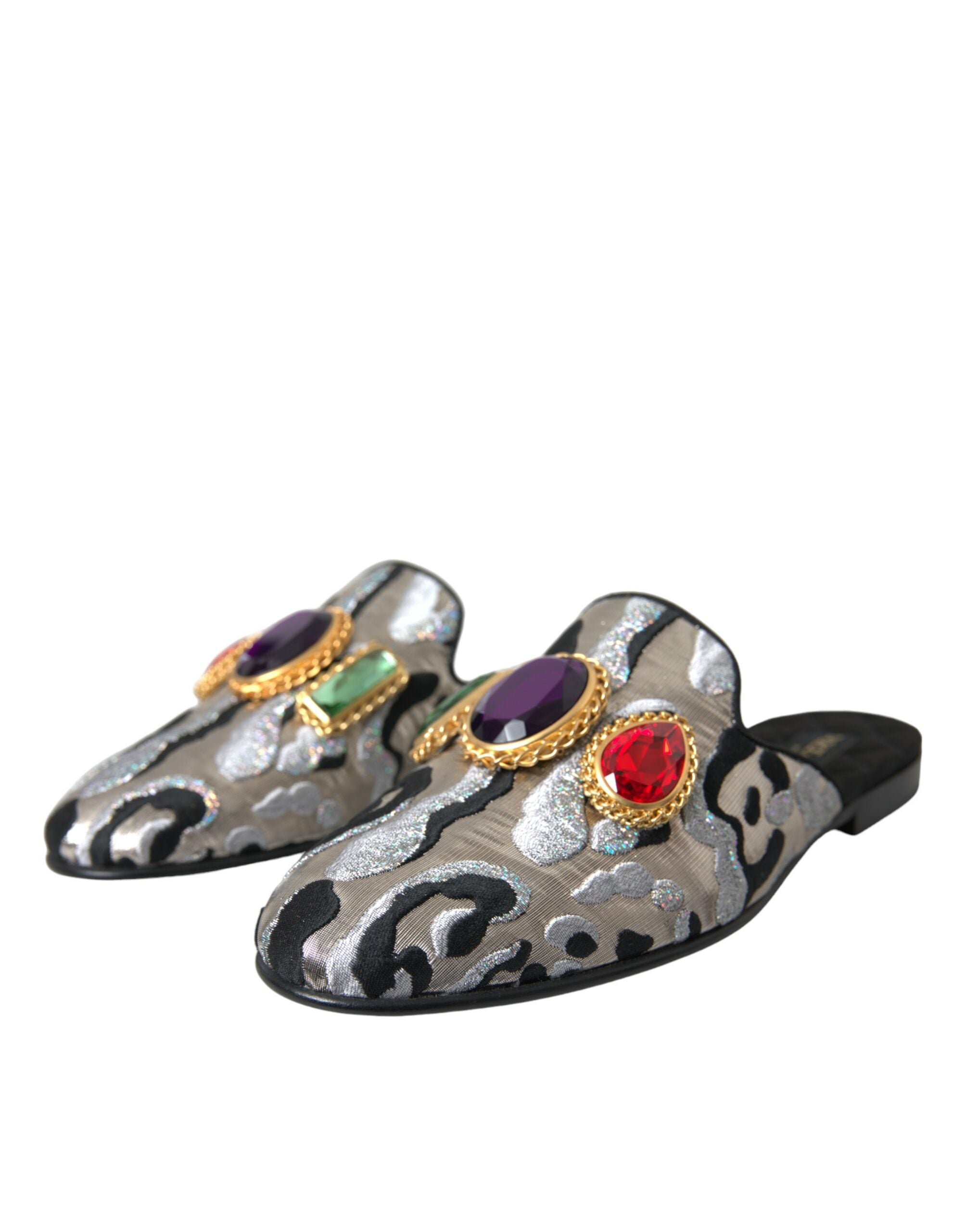 Gray Jacquard Crystal Mule Flat Sandals Shoes - ventzia