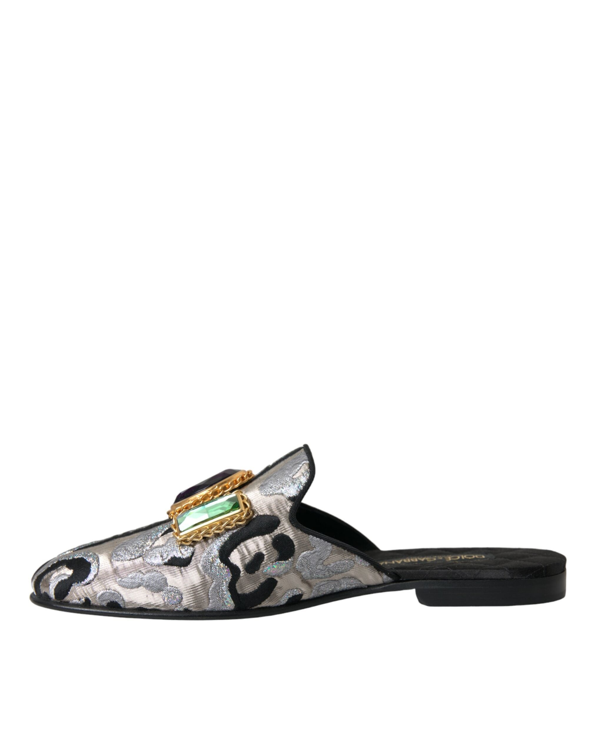 Gray Jacquard Crystal Mule Flat Sandals Shoes - ventzia