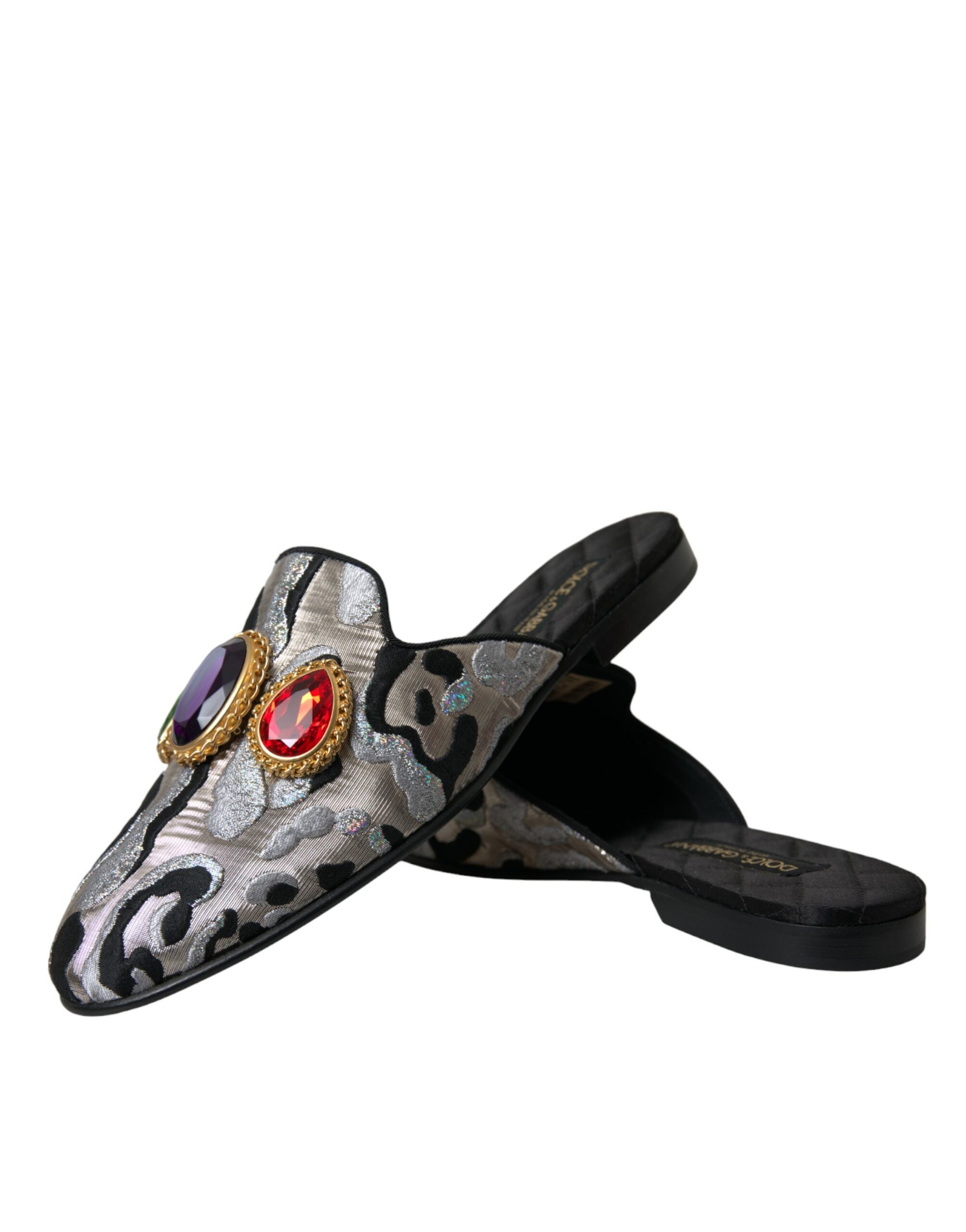 Gray Jacquard Crystal Mule Flat Sandals Shoes - ventzia