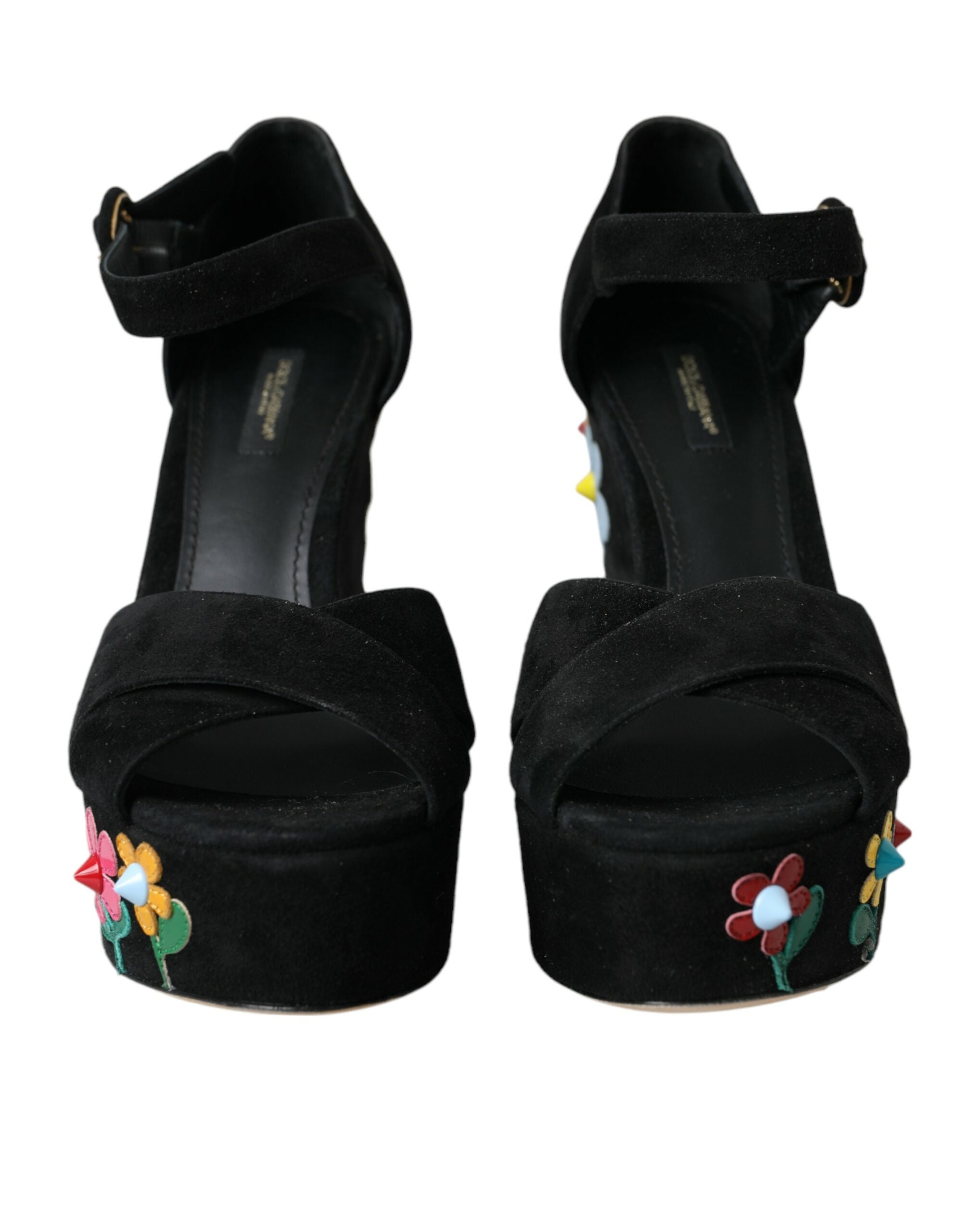 Black Floral Ankle Strap Heels Sandals Shoes - ventzia