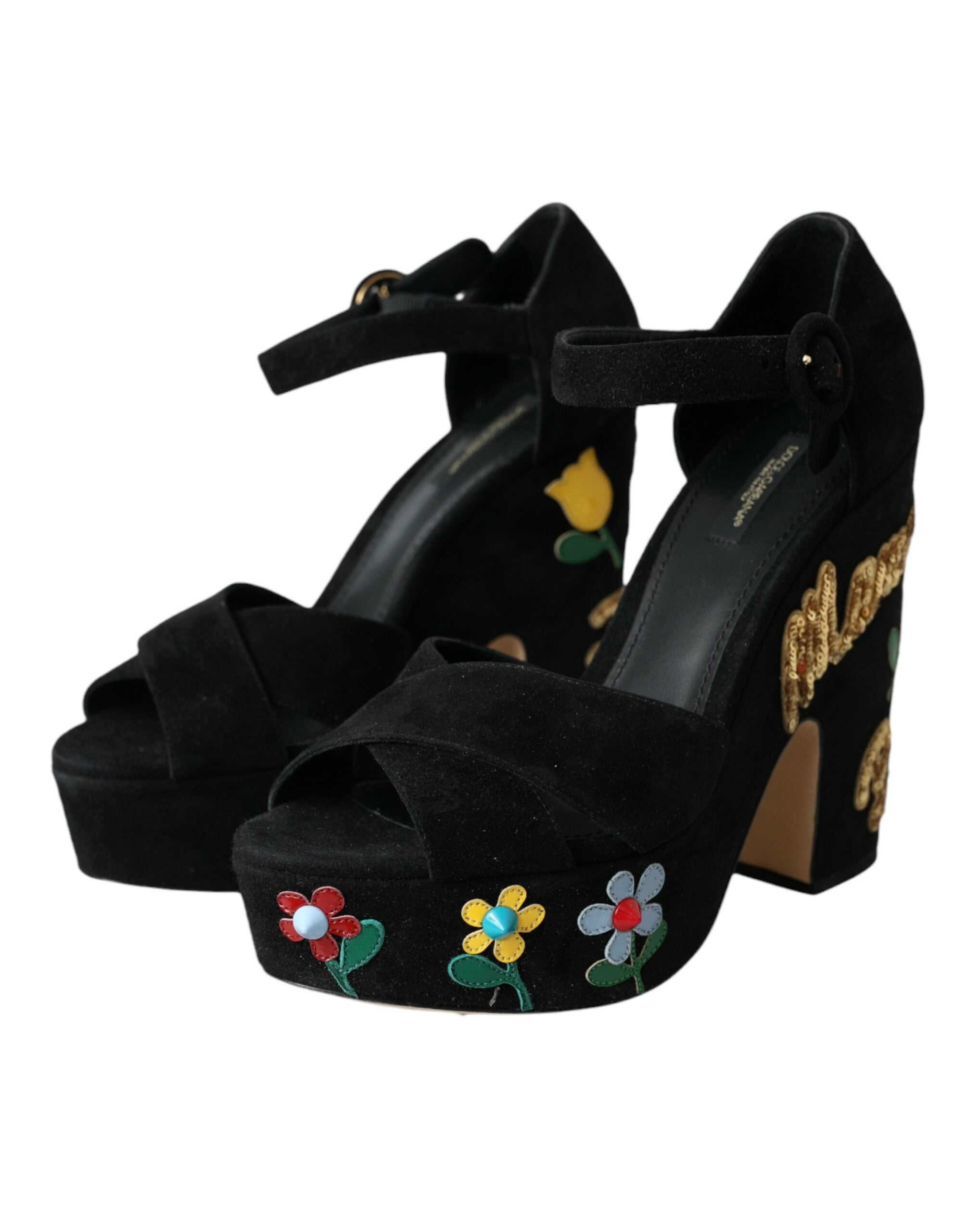Black Floral Ankle Strap Heels Sandals Shoes - ventzia