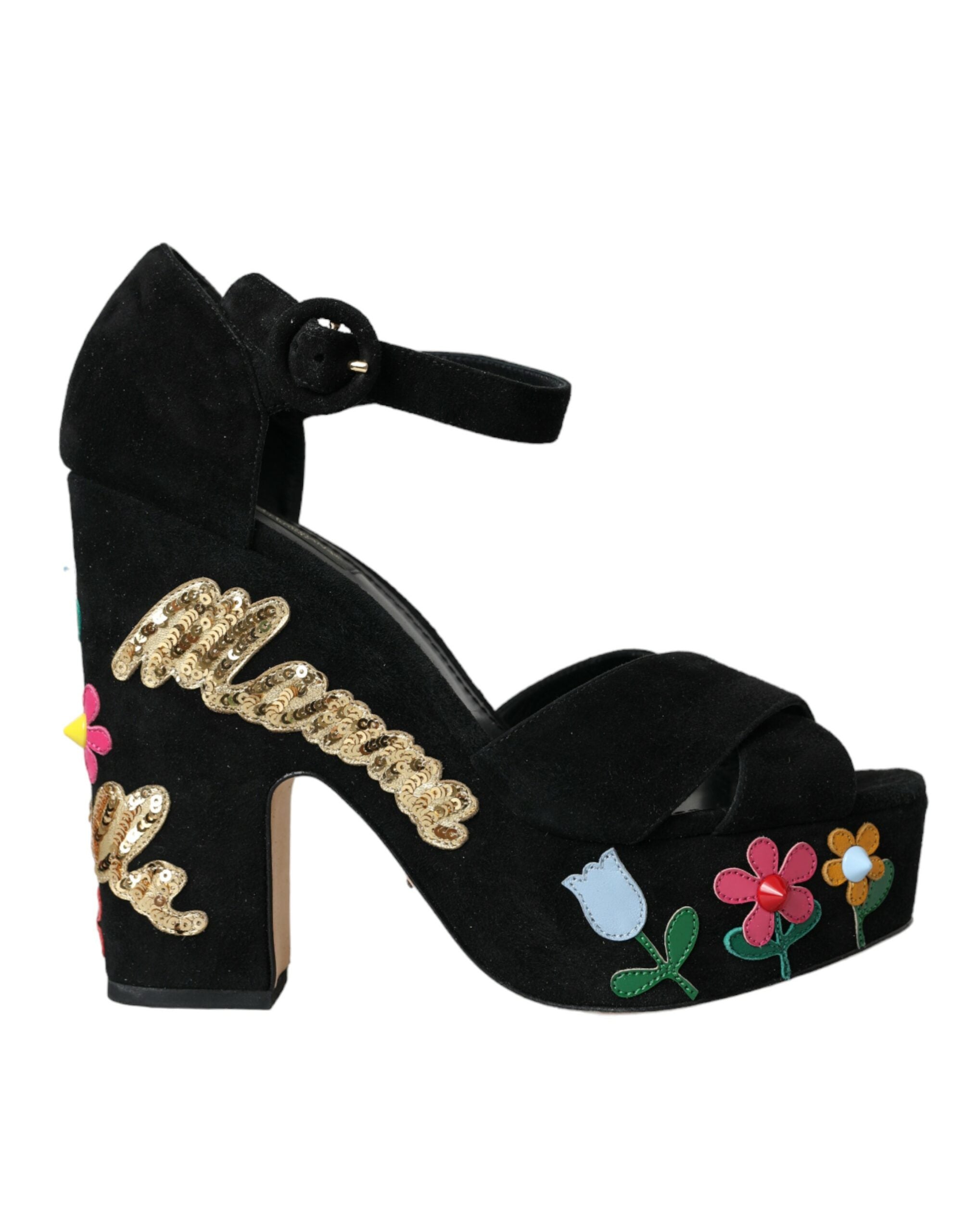 Black Floral Ankle Strap Heels Sandals Shoes - ventzia