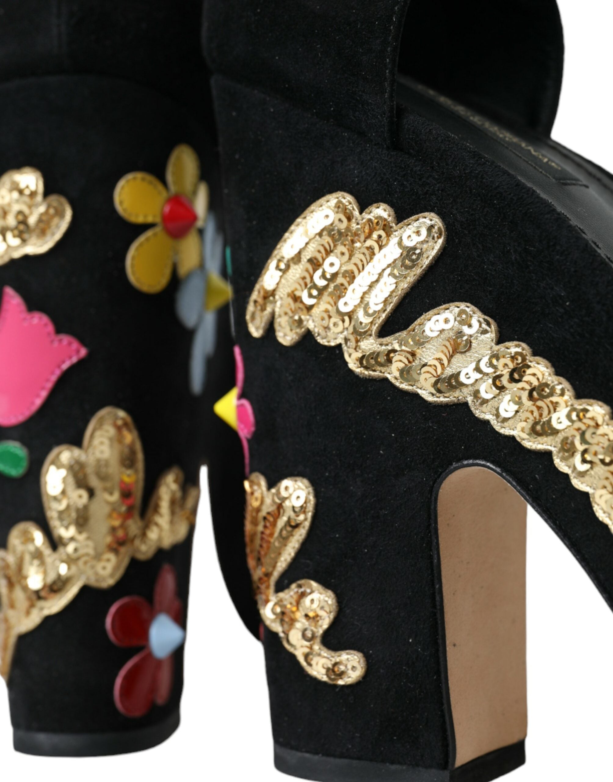 Black Floral Ankle Strap Heels Sandals Shoes - ventzia