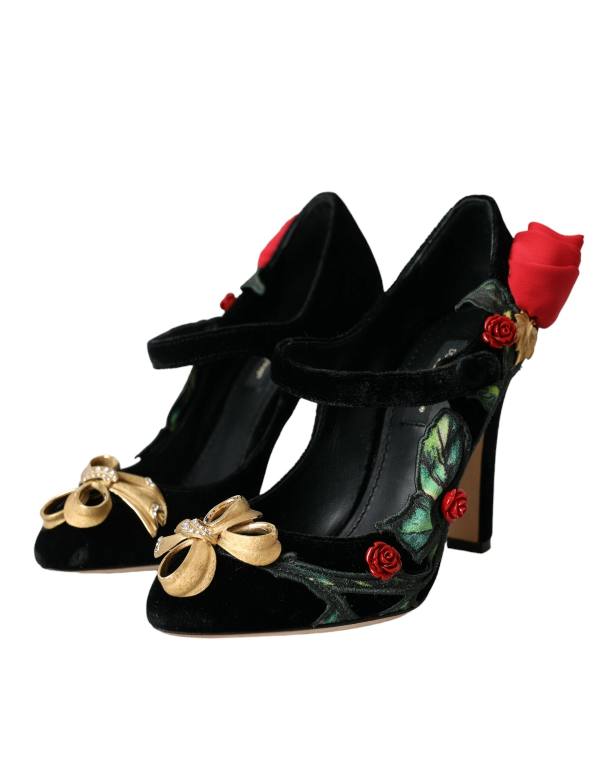 Black Roses Crystal Brooch Mary Jane Shoes - ventzia
