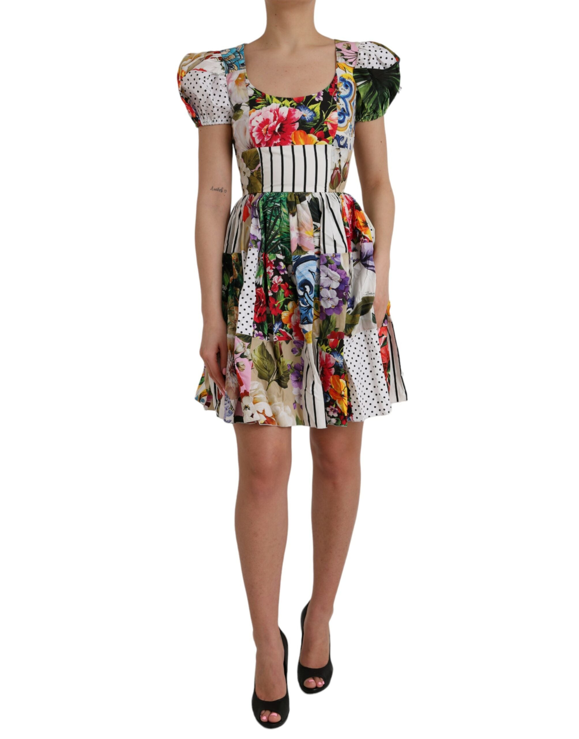 Multicolor Patchwork Cotton Aline Mini Dress - ventzia