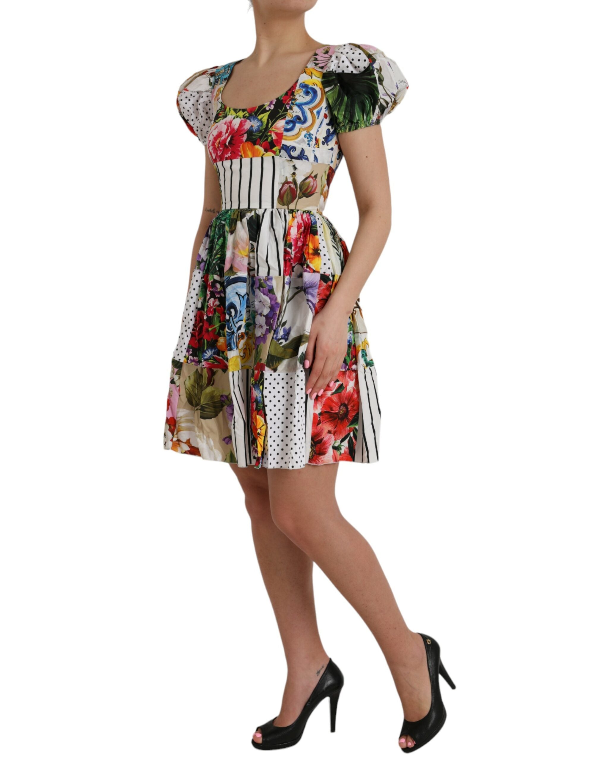 Multicolor Patchwork Cotton Aline Mini Dress - ventzia