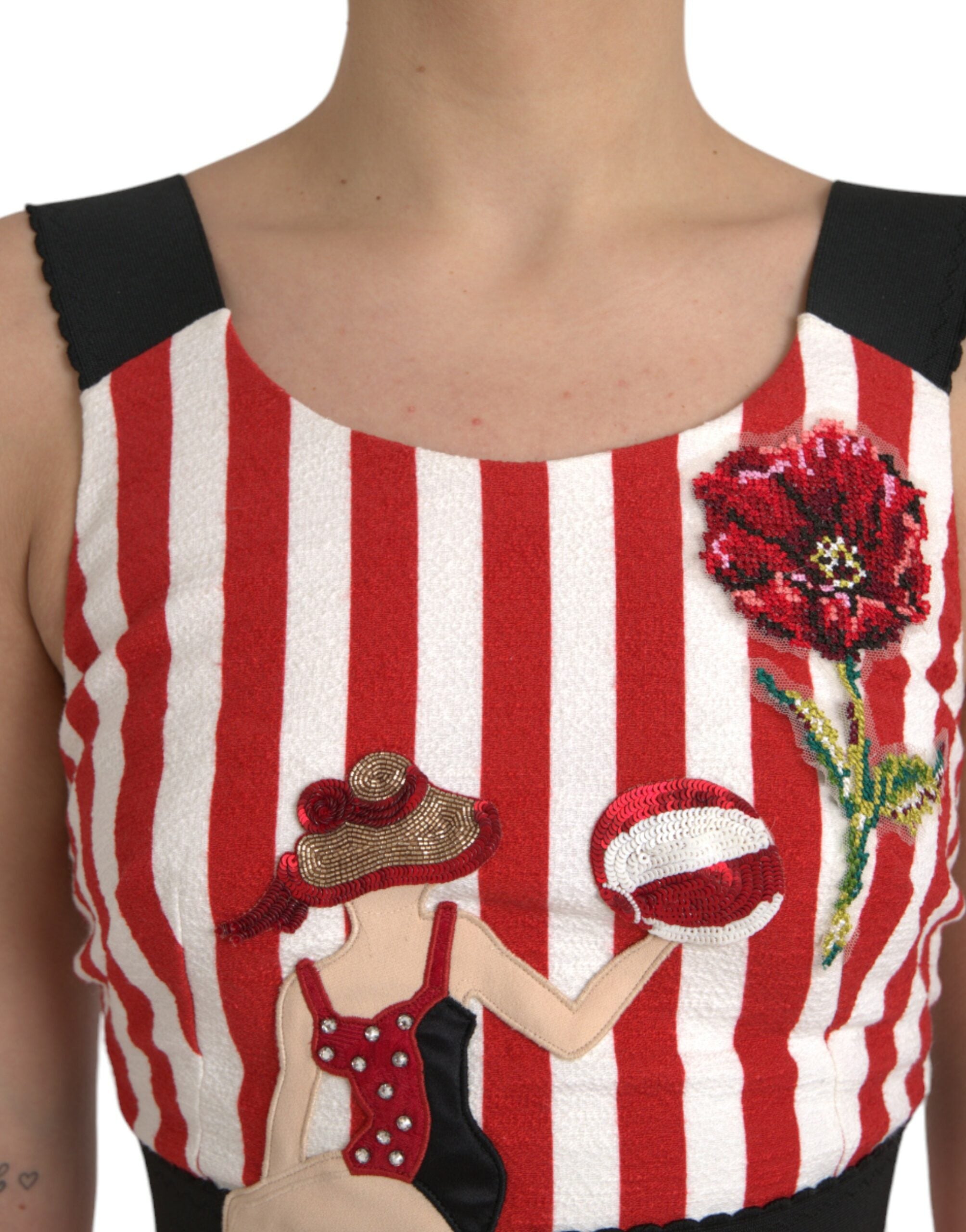 Red White Floral Sleeveless Sheath Midi Dress - ventzia