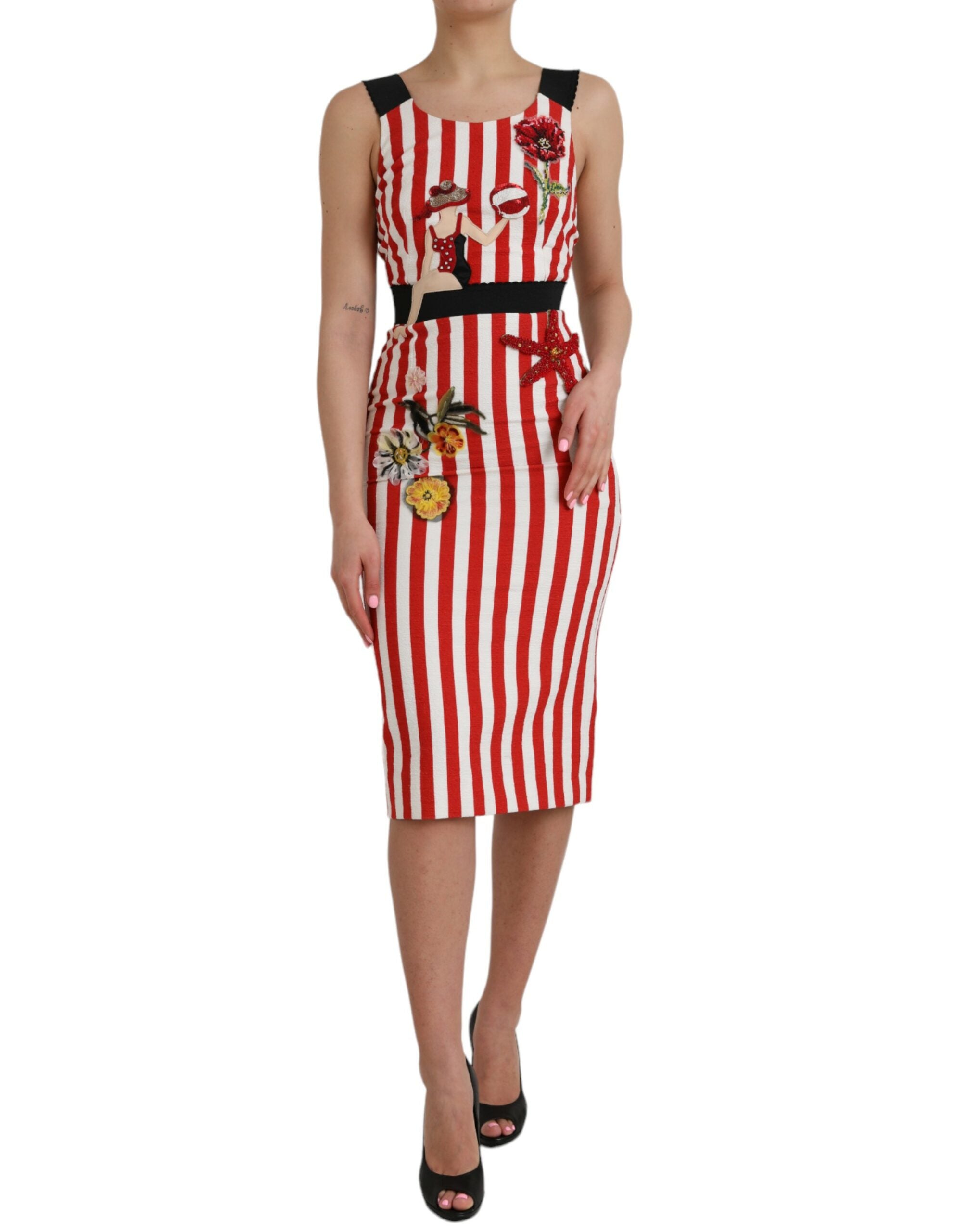Red White Floral Sleeveless Sheath Midi Dress - ventzia