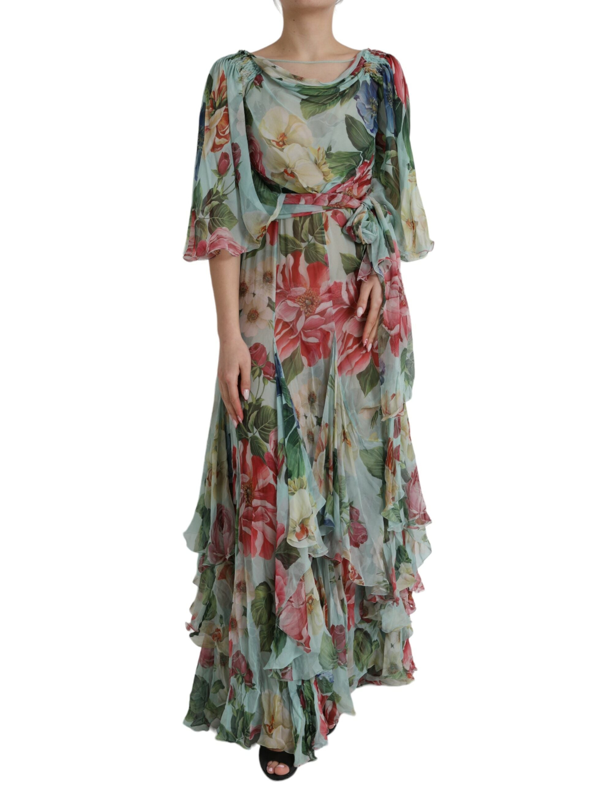 Blue Floral Print Tiered Long Maxi Dress - ventzia