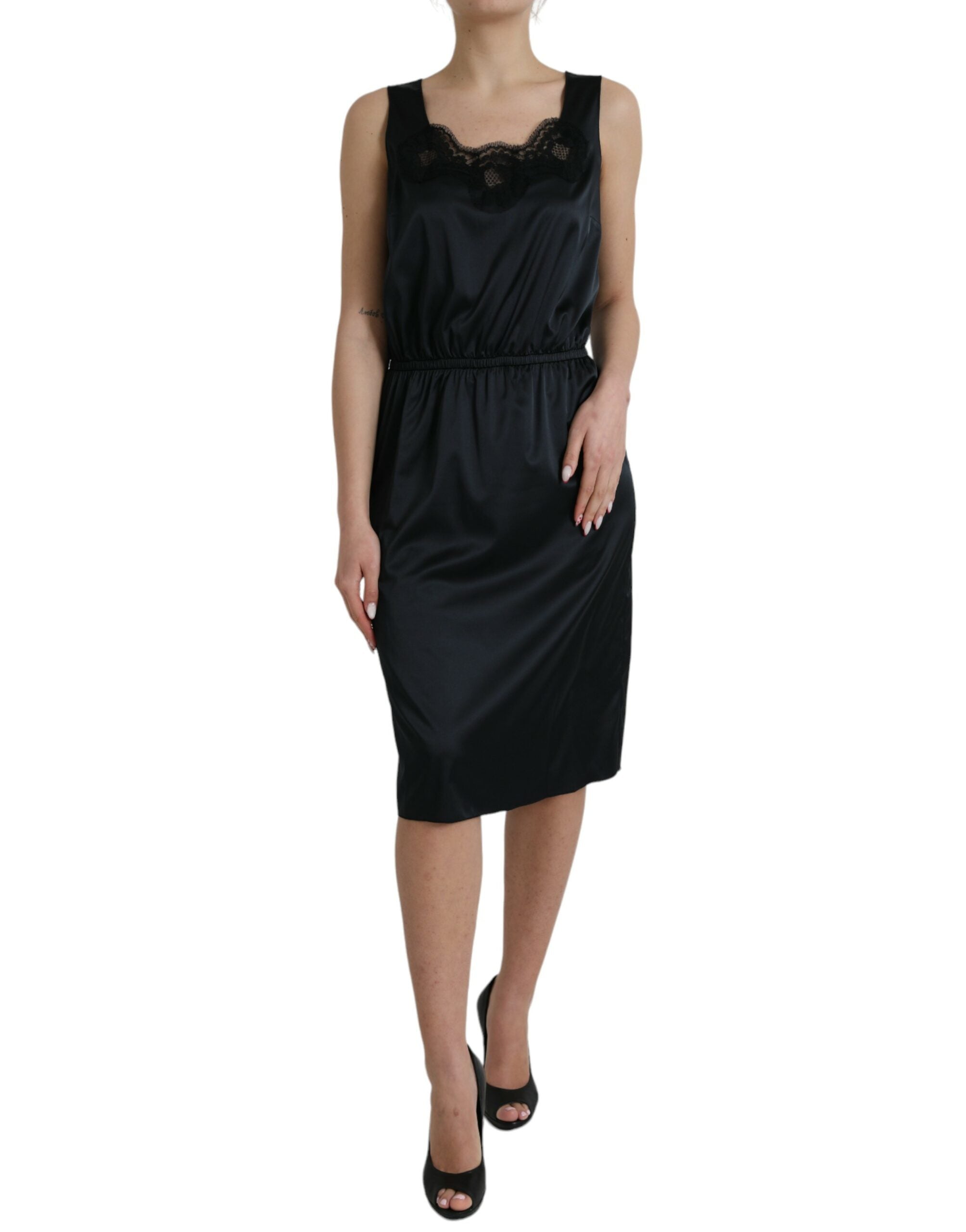 Black Polyester Lace Trim Sheath Midi Dress - ventzia