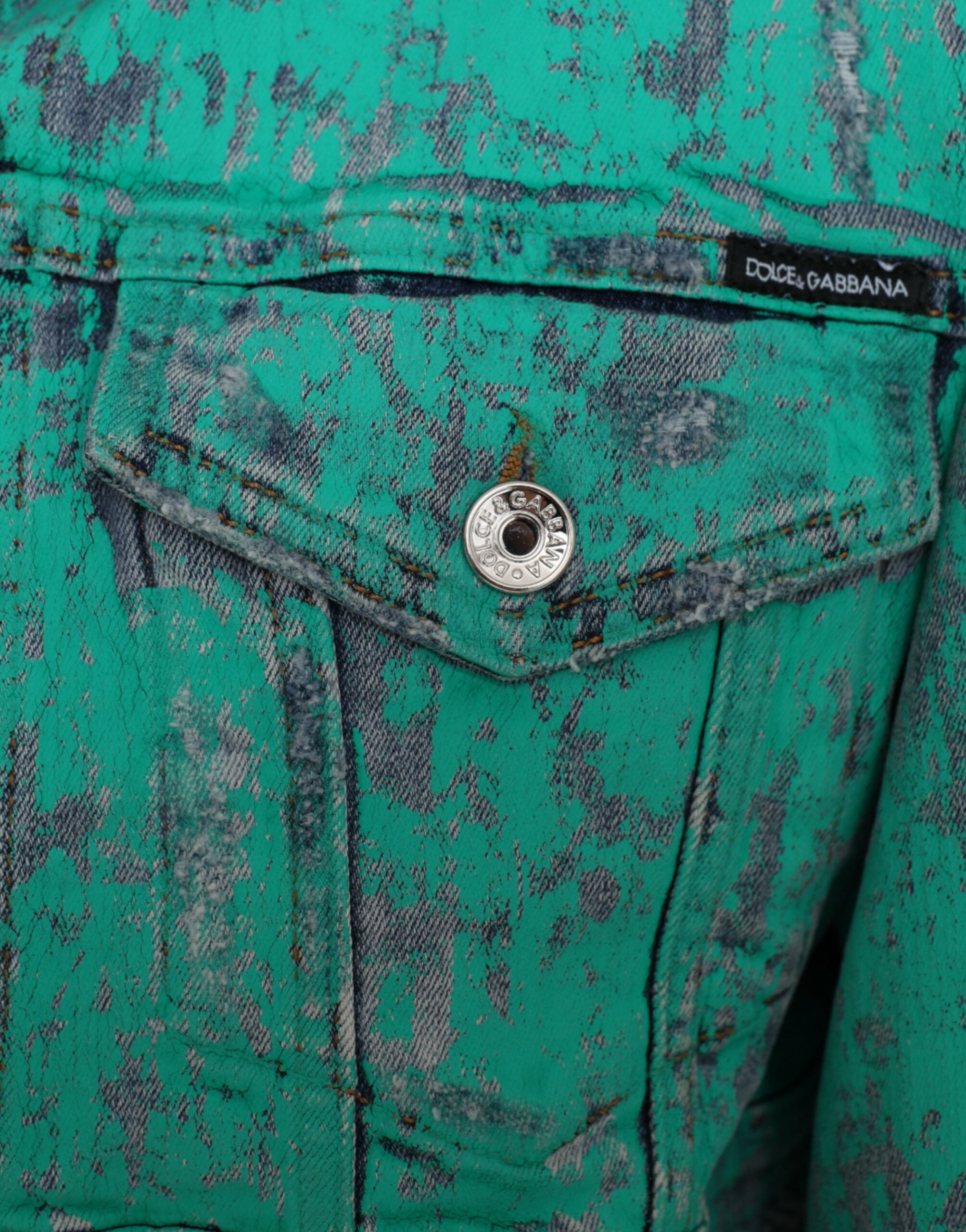Green Cotton Tie Dye Cropped Cropped Denim Jacket - ventzia