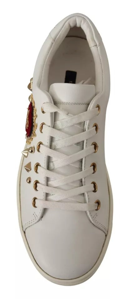 White Leather Gold Red Heart Sneakers Shoes - ventzia