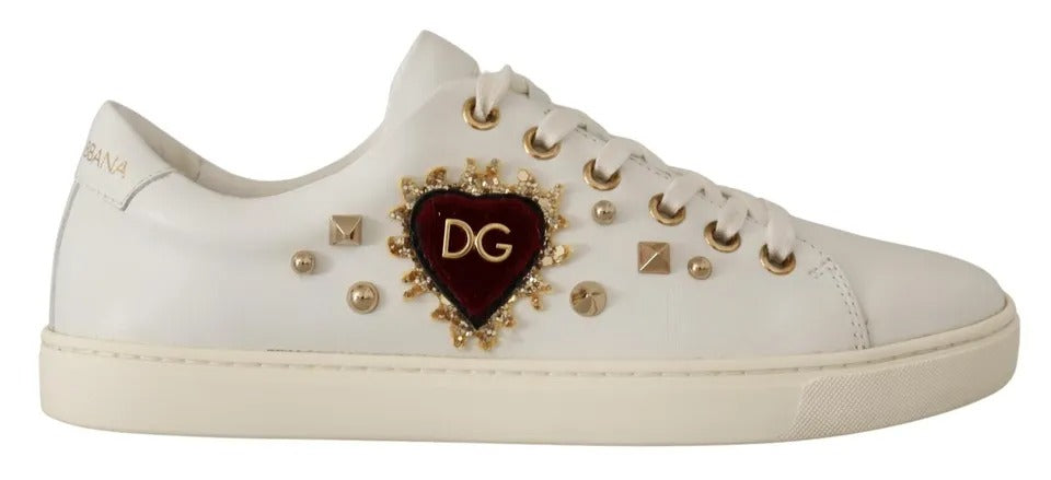 White Leather Gold Red Heart Sneakers Shoes - ventzia