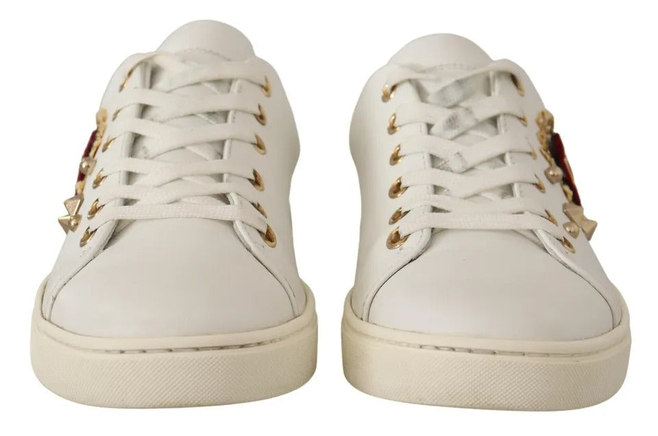 White Leather Gold Red Heart Sneakers Shoes - ventzia