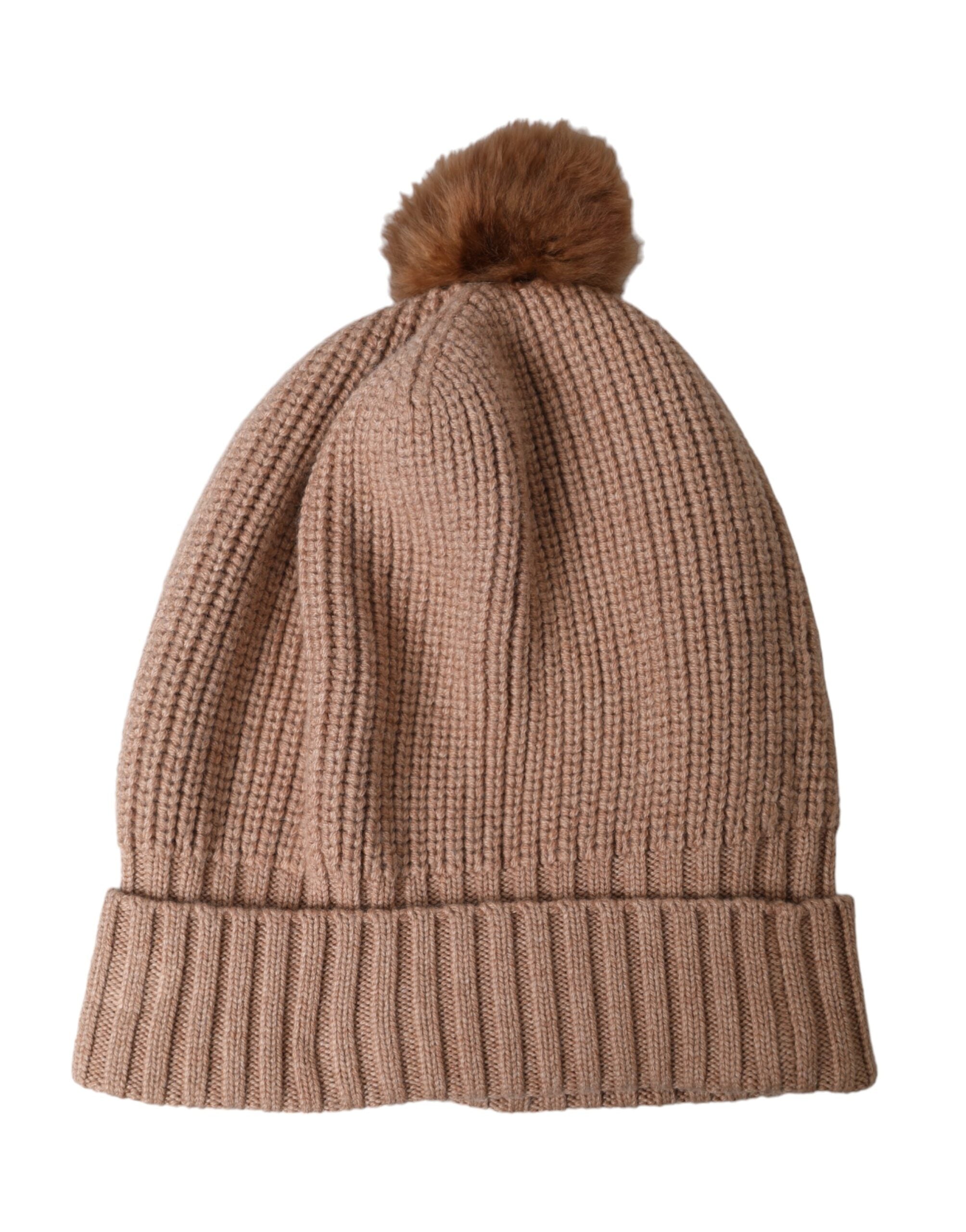 Brown Solid Knitted Fur Ball Winter Beanie Hat - ventzia