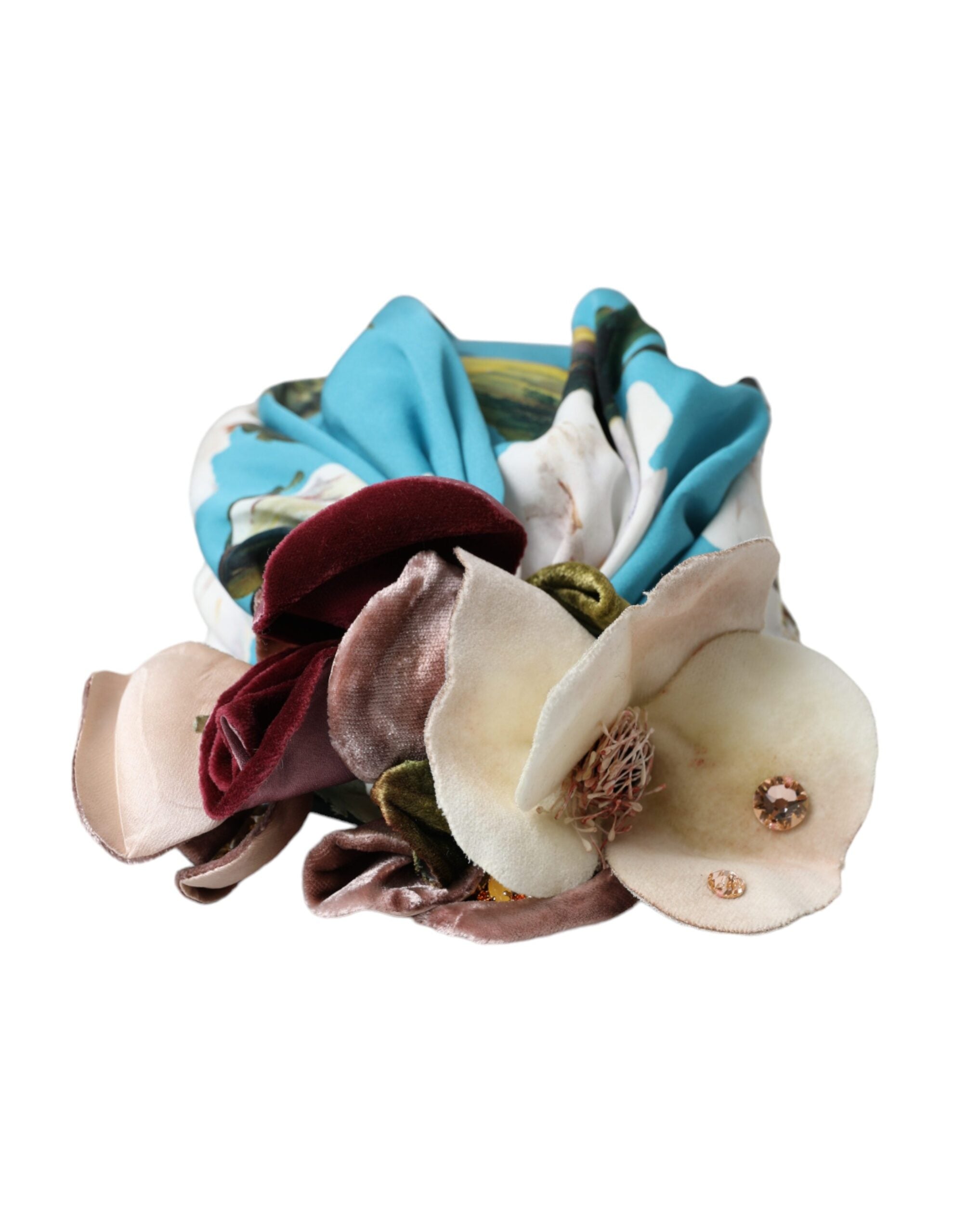 Blue Floral Motif Turban Head Hat Women - ventzia