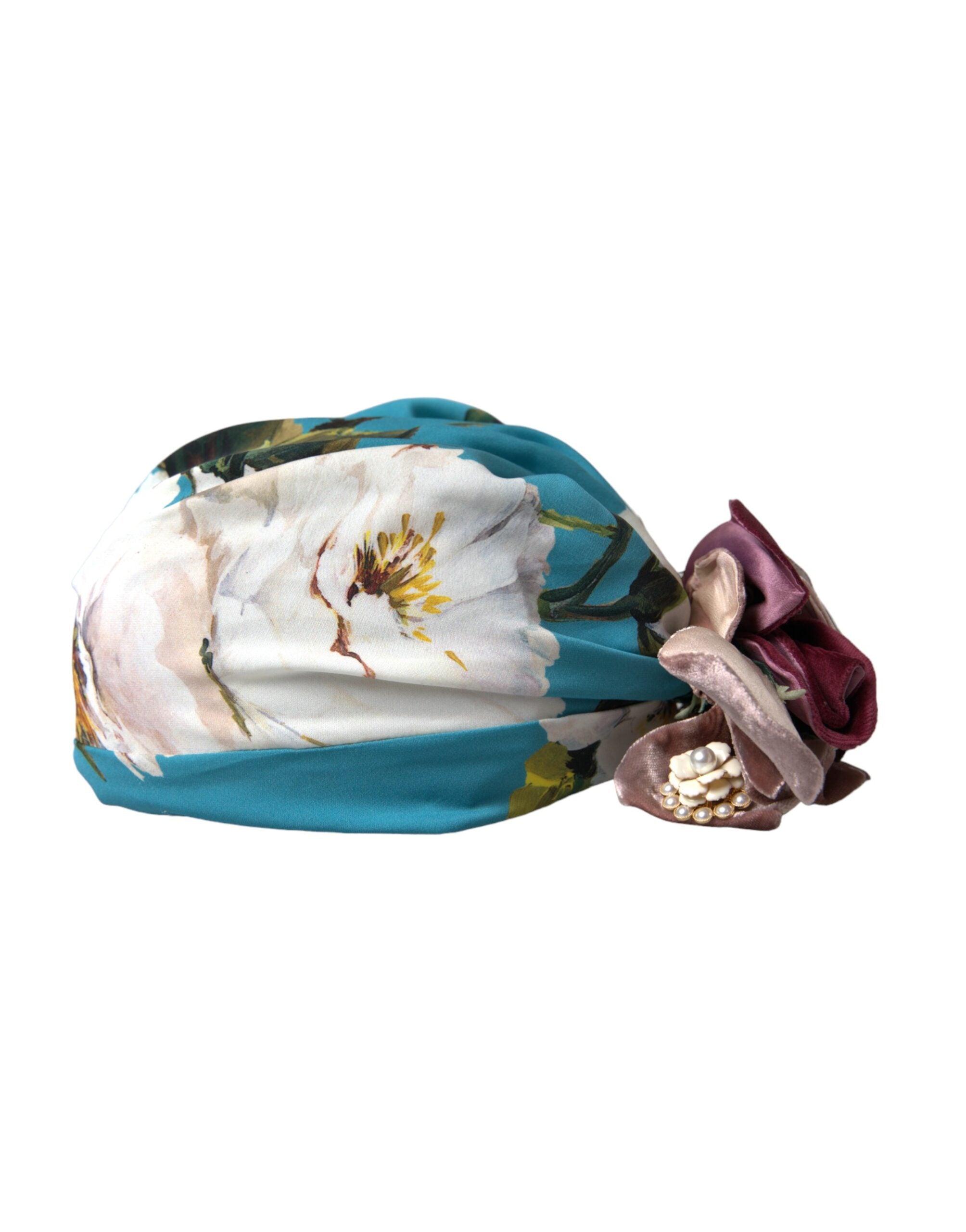 Blue Floral Motif Turban Head Hat Women - ventzia
