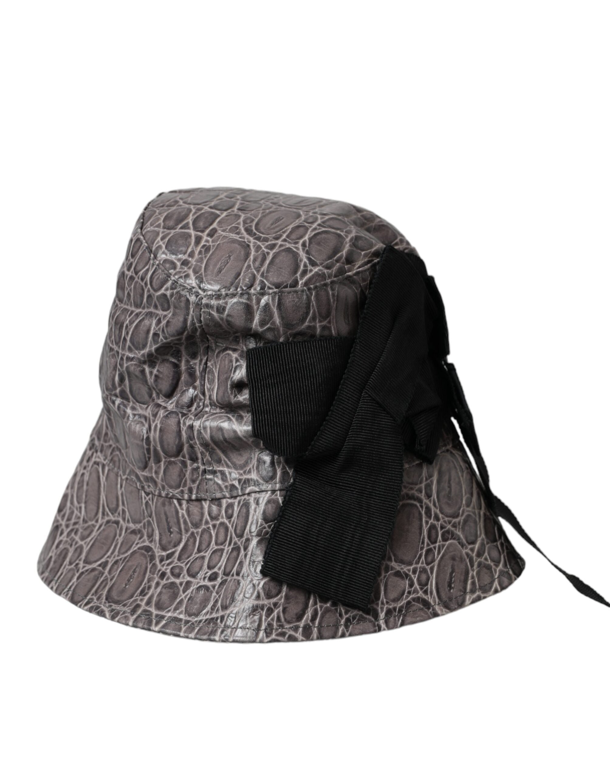 Black Gray Patterned Leather Bucket Hat - ventzia