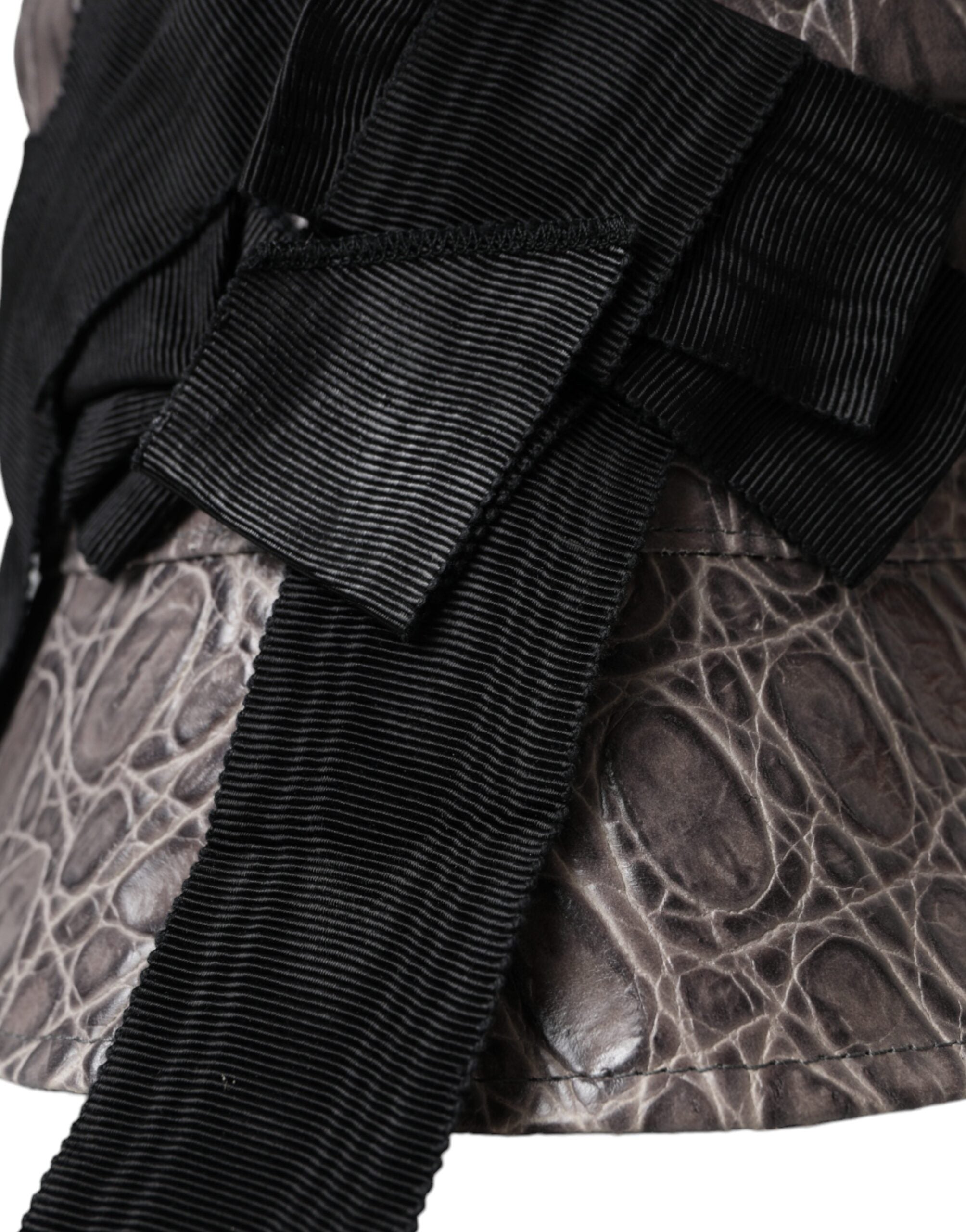 Black Gray Patterned Leather Bucket Hat - ventzia