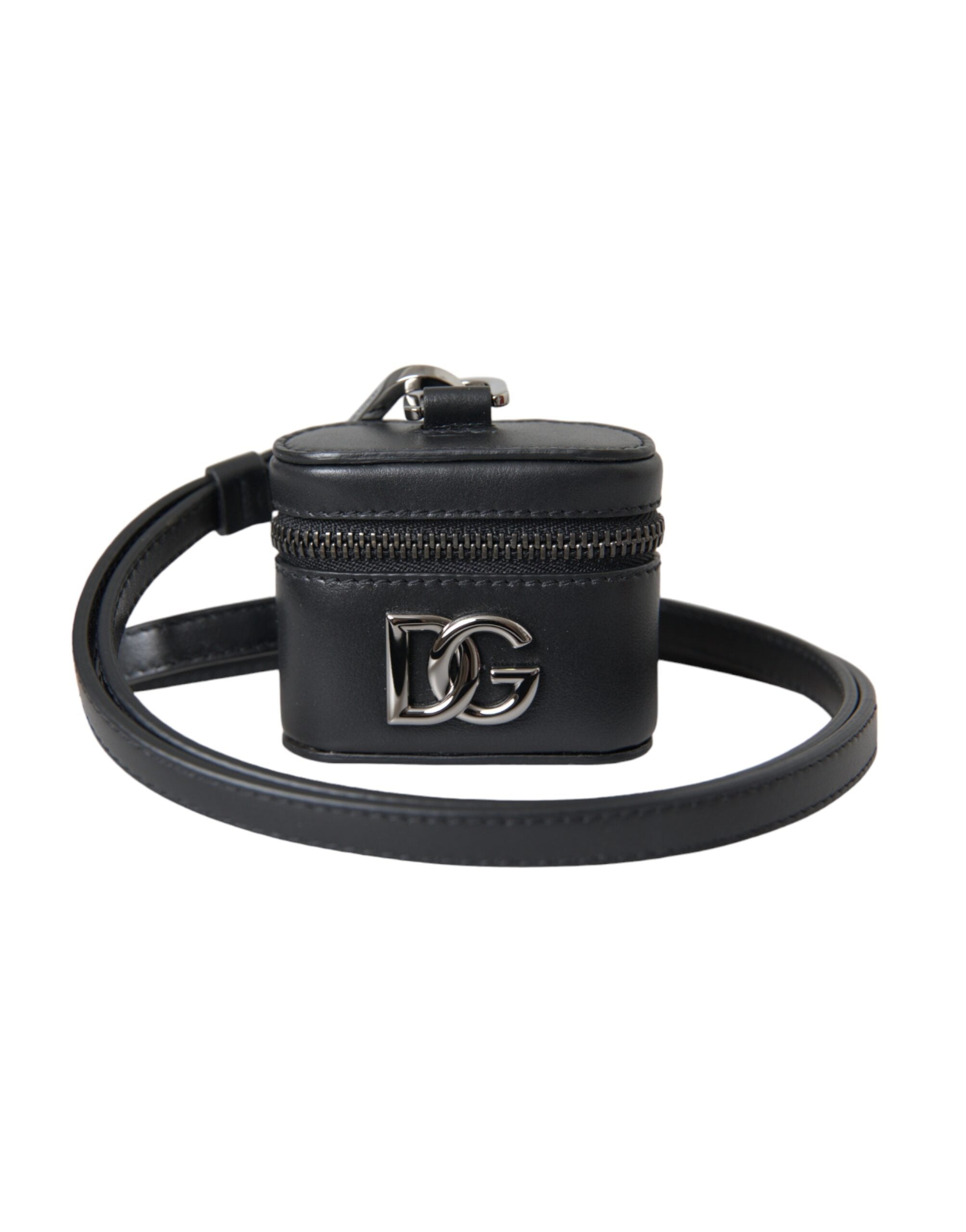 Black DG Logo Leather Silver Metal Airpods Case - ventzia