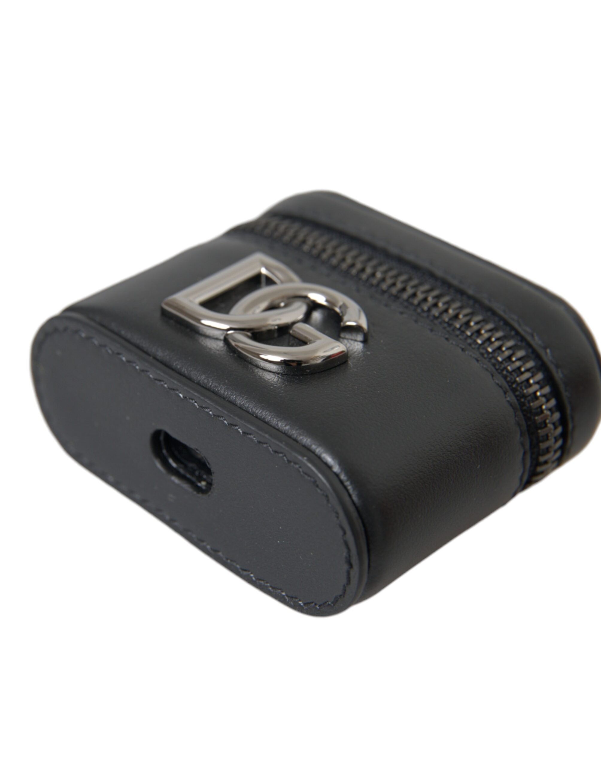 Black DG Logo Leather Silver Metal Airpods Case - ventzia