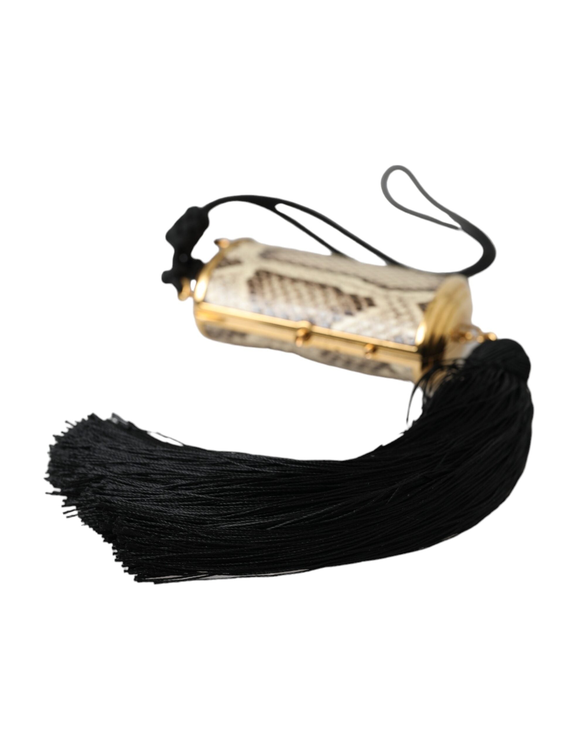 Beige Exotic Leather Mini Mirror Tassel Make Up Holder Bag - ventzia