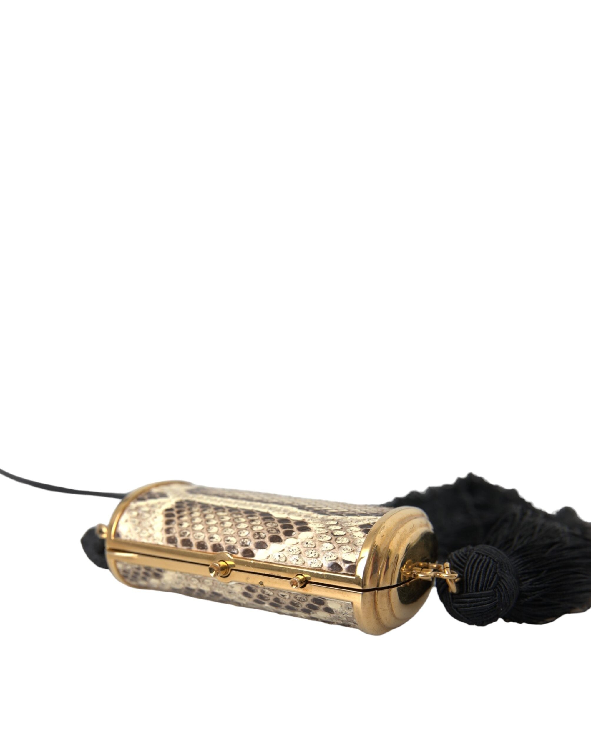 Beige Exotic Leather Mini Mirror Tassel Make Up Holder Bag - ventzia
