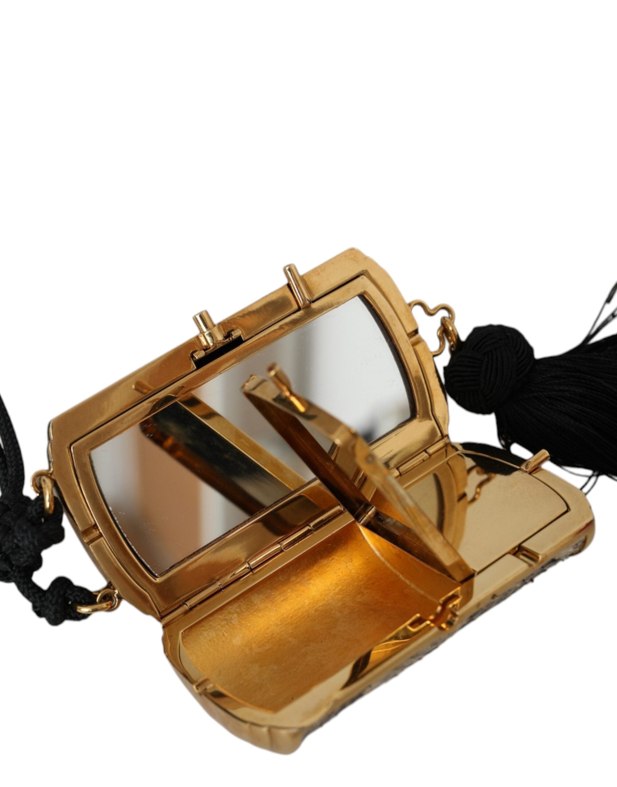 Beige Exotic Leather Mini Mirror Tassel Make Up Holder Bag - ventzia