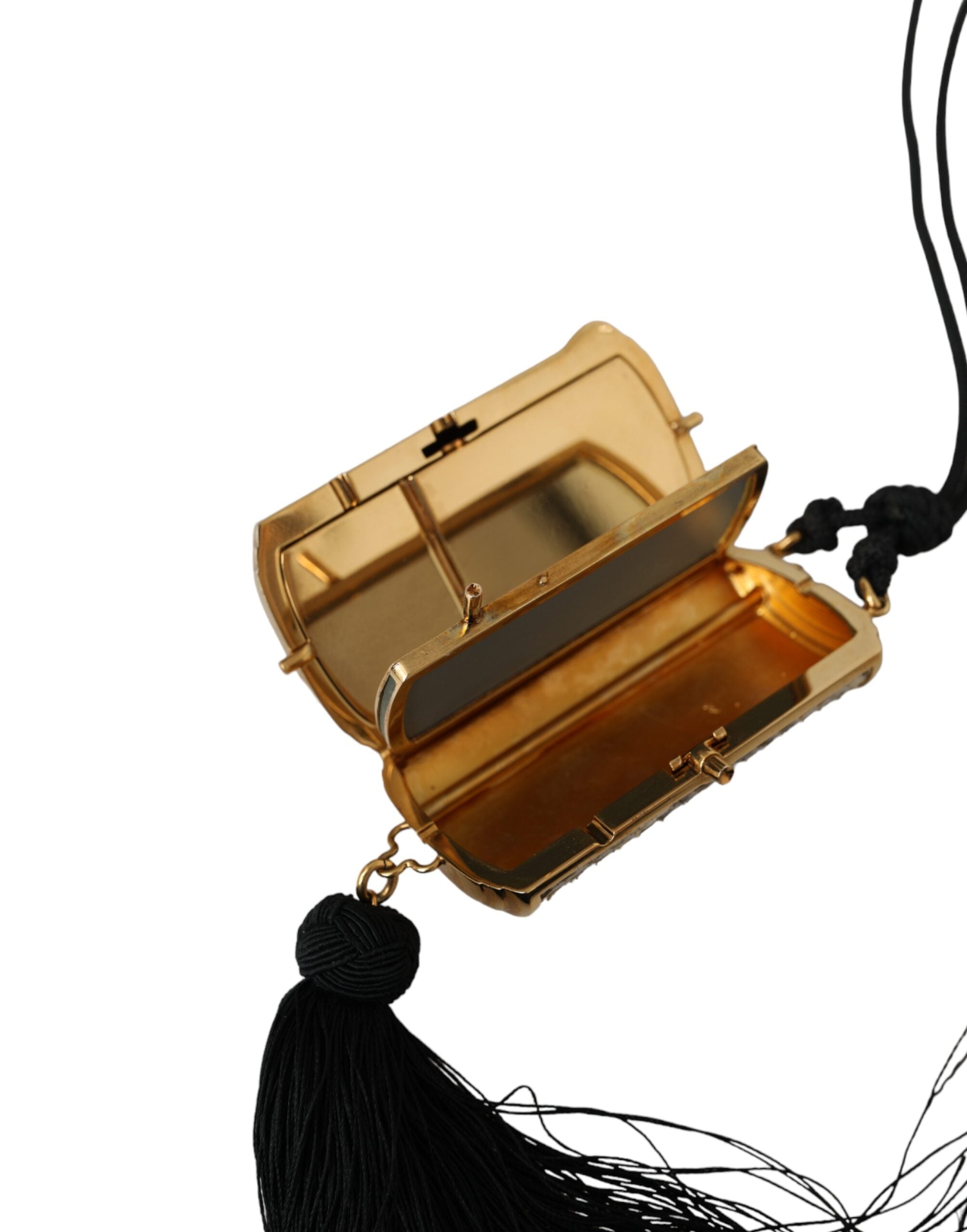 Beige Exotic Leather Mini Mirror Tassel Make Up Holder Bag - ventzia
