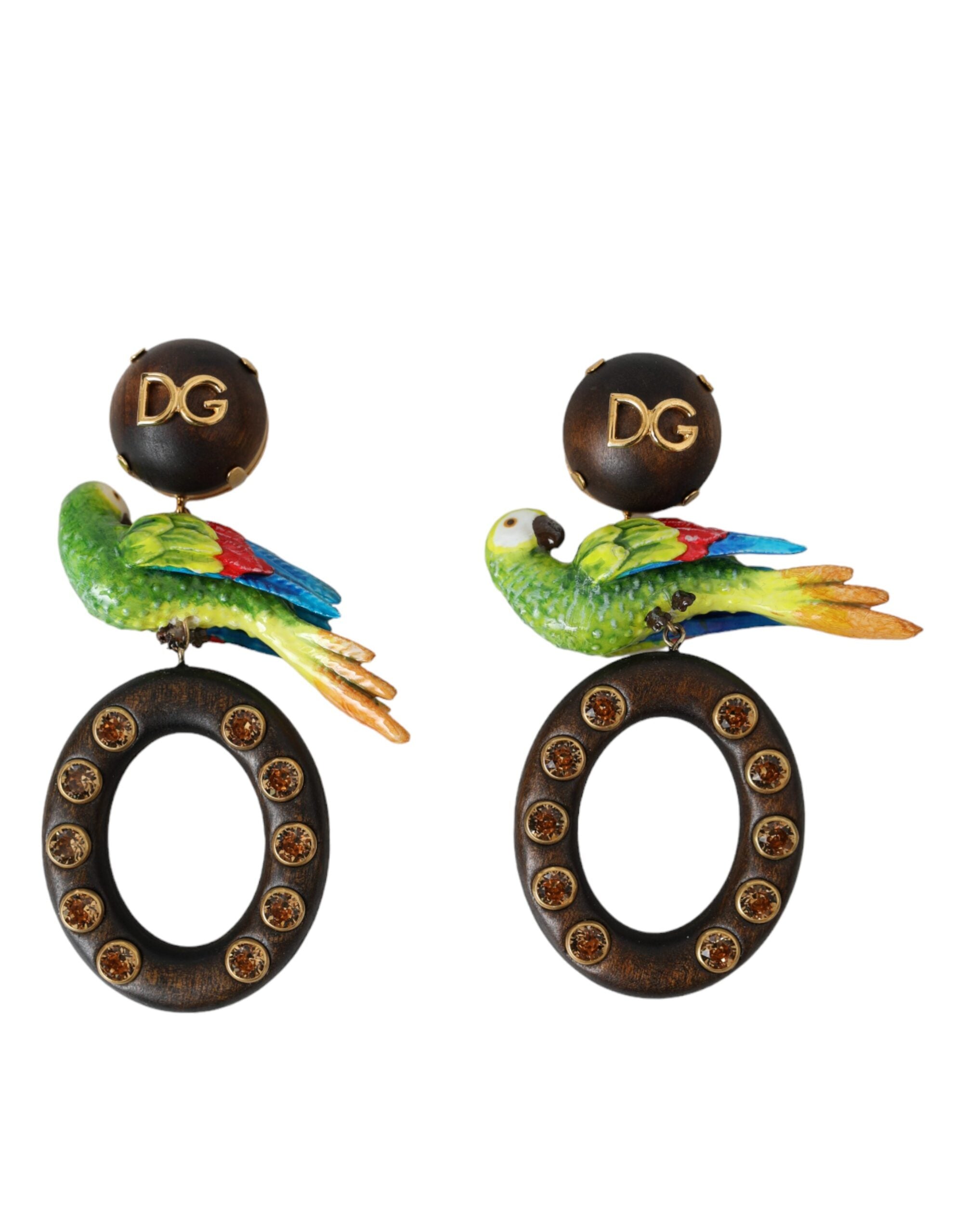 Multicolor Parrot Wood Brass Crystal Embellished Earrings - ventzia