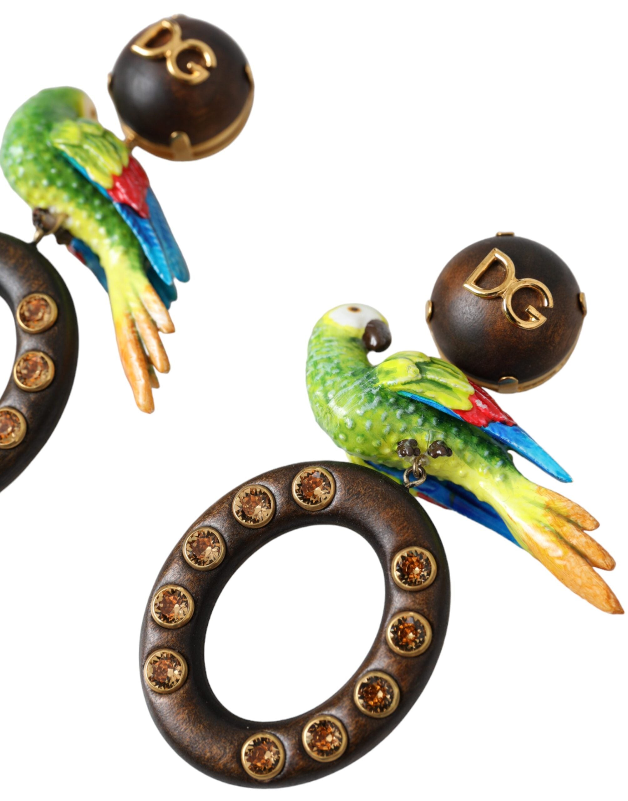 Multicolor Parrot Wood Brass Crystal Embellished Earrings - ventzia