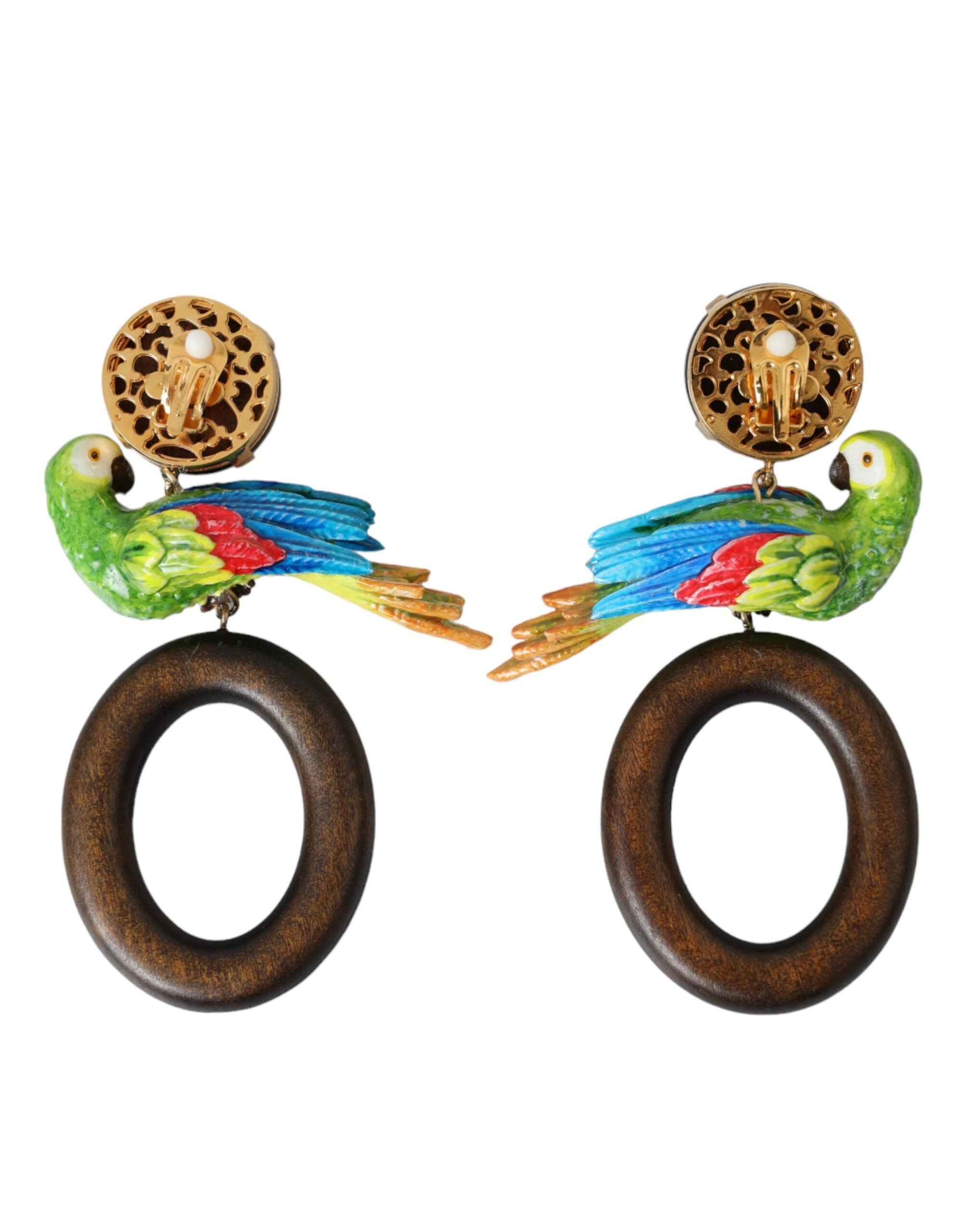 Multicolor Parrot Wood Brass Crystal Embellished Earrings - ventzia